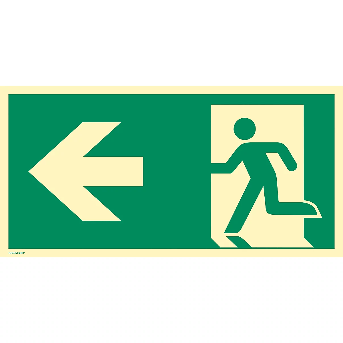 moedel Fluchtwegschild „Notausgang links Pfeil links“, nach ISO 7010 E001, Kunststoff selbstklebend, langnachleuchtend, B 297 x H 148 mm