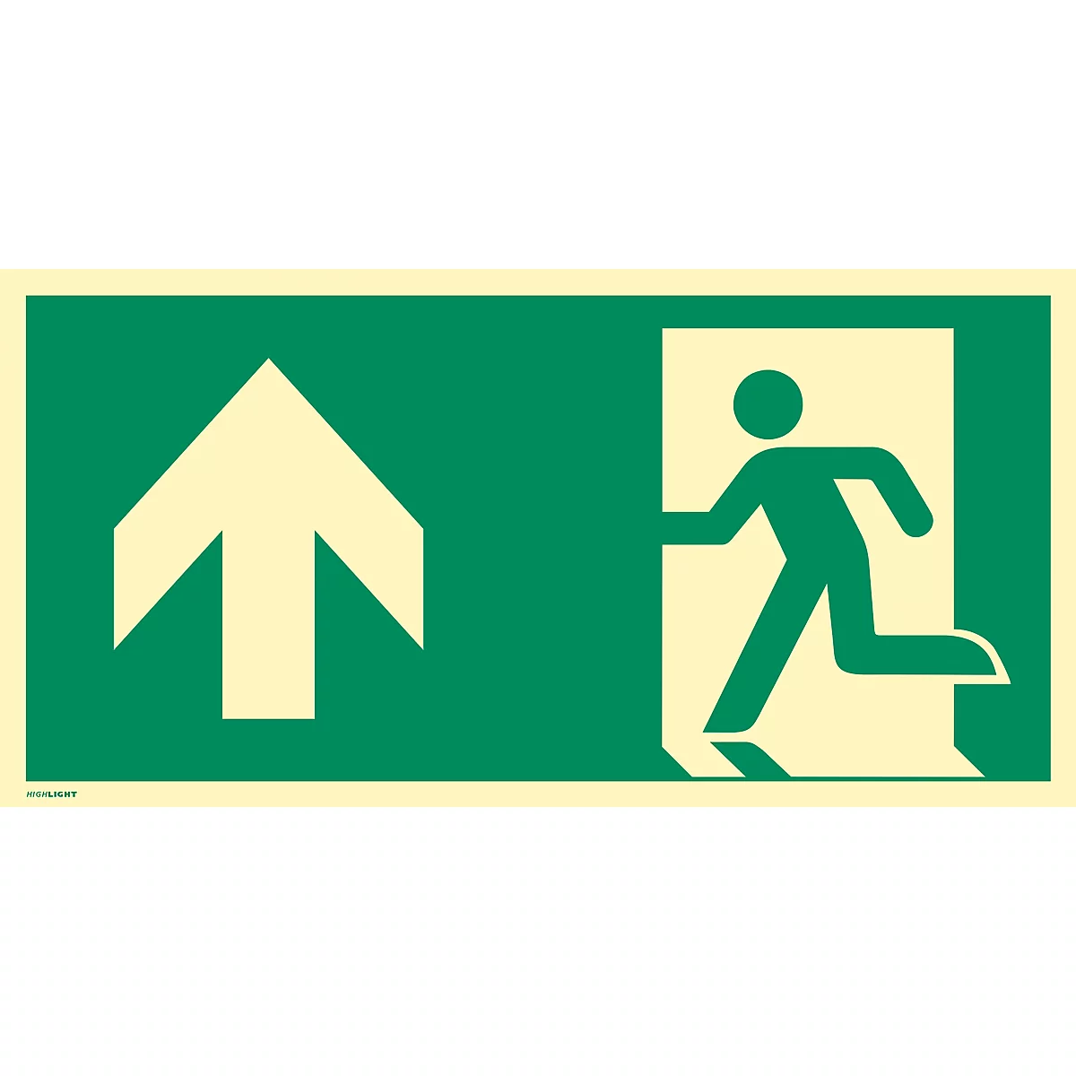 moedel Fluchtwegschild "Notausgang links Pfeil oben", nach ISO 7010 E001, Kunststoff selbstklebend, langnachleuchtend, B 297 x H 148 mm