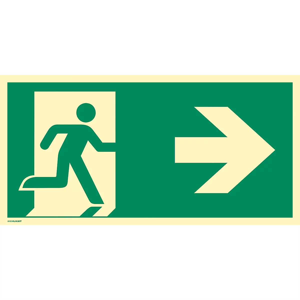 moedel Fluchtwegschild „Notausgang rechts Pfeil rechts“, nach ISO 7010 E002, Kunststoff selbstklebend, langnachleuchtend, B 400 x H 200 mm