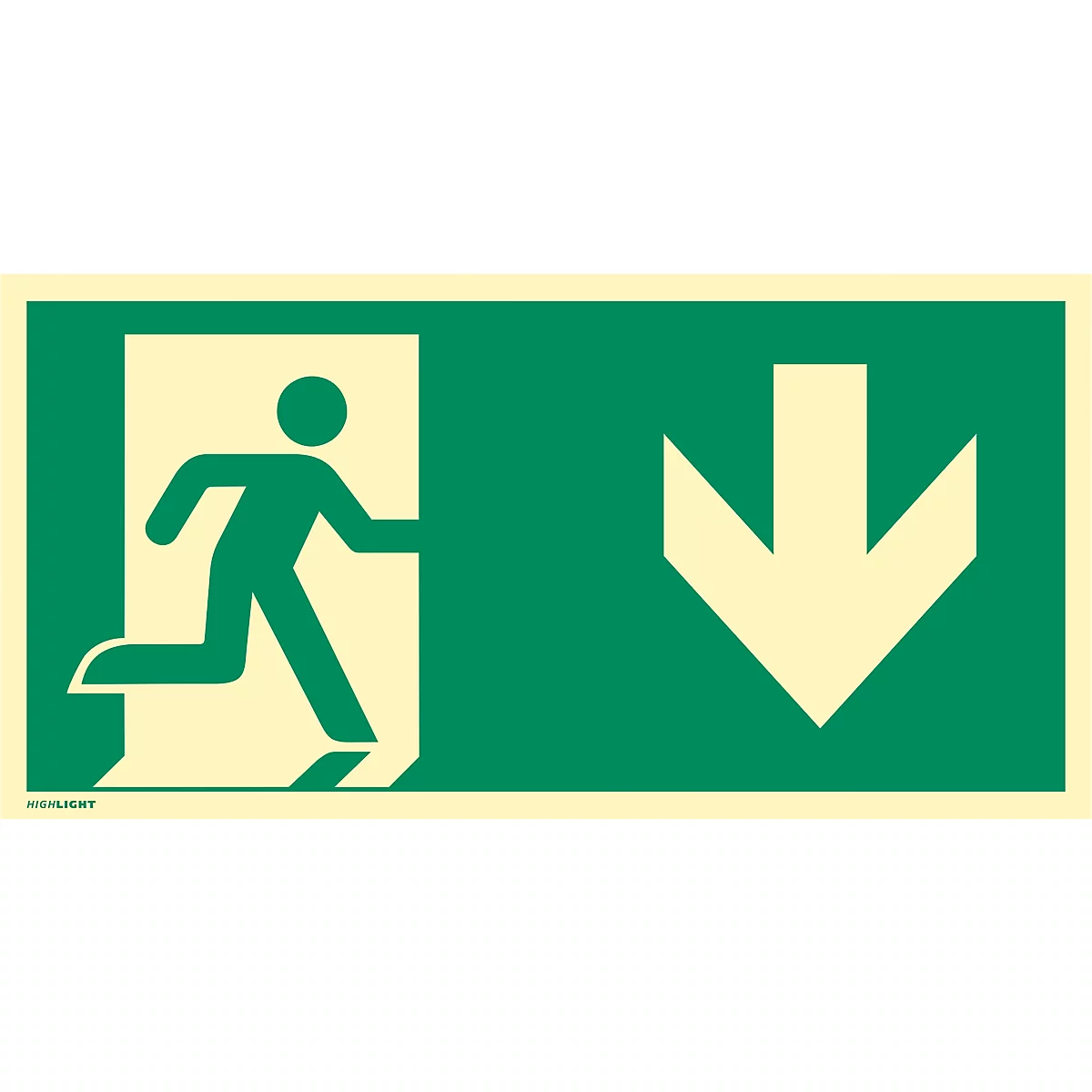 moedel Fluchtwegschild "Notausgang rechts Pfeil unten", nach ISO 7010 E002, Aluminium 0,6 mm, langnachleuchtend, B 400 x H 200 mm