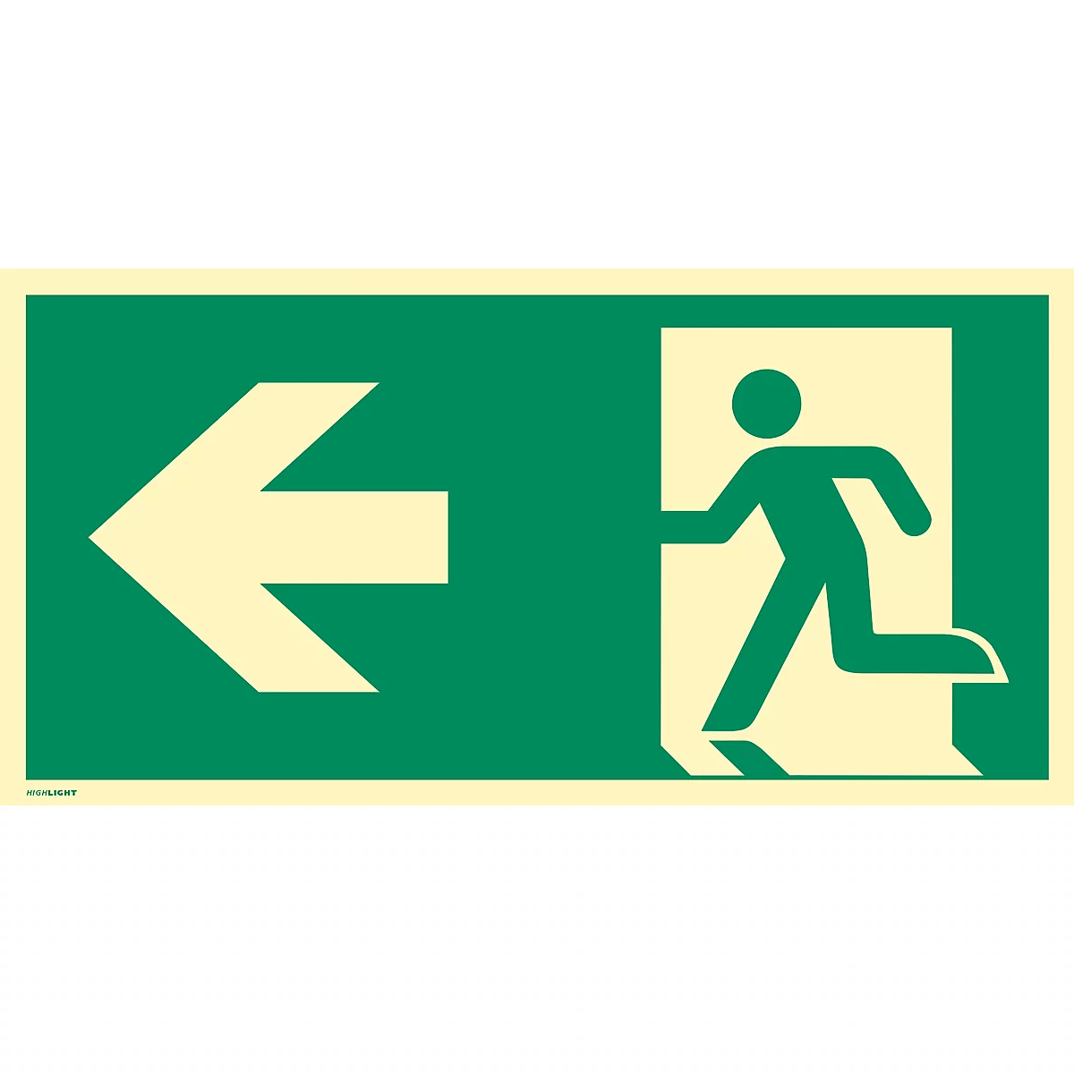 moedel Fluchtwegzeichen „Notausgang links Pfeil links“, nach ISO 7010 E001, Folie selbstklebend, langnachleuchtend, B 297 x H 148 mm