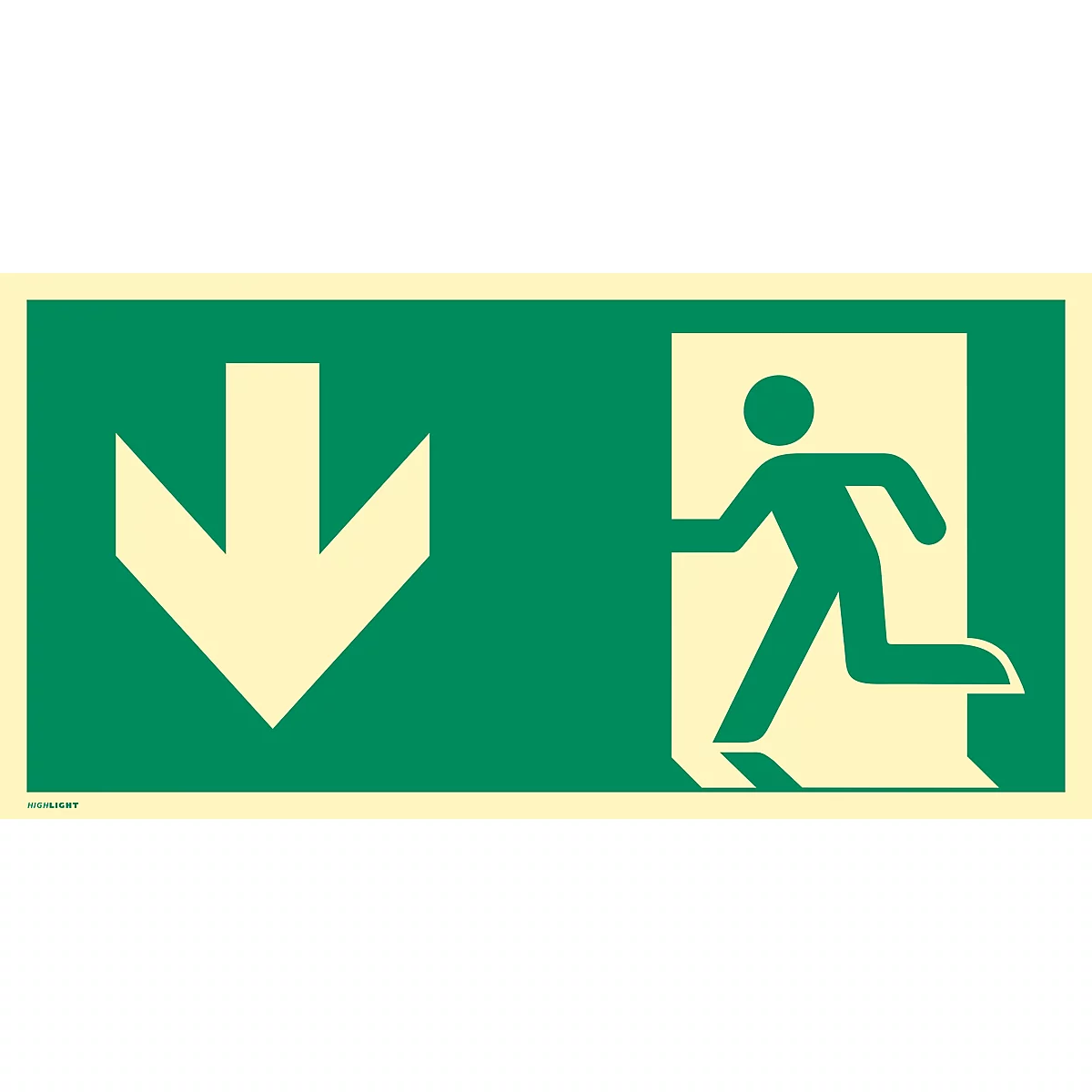 moedel Fluchtwegzeichen 'Notausgang links Pfeil unten', nach ISO 7010 E001, Folie selbstklebend, langnachleuchtend, B 297 x H 148 mm