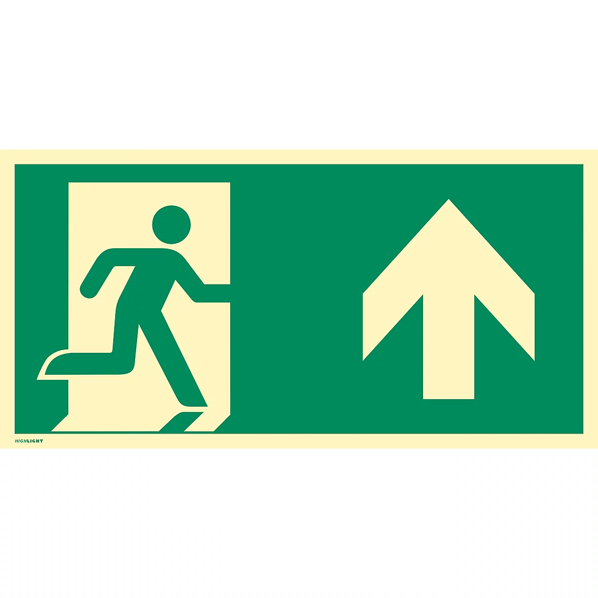 moedel Fluchtwegzeichen „Notausgang rechts Pfeil oben“, nach ISO 7010 E002, PVC-U selbstklebend, langnachleuchtend, B 297 x H 148 mm