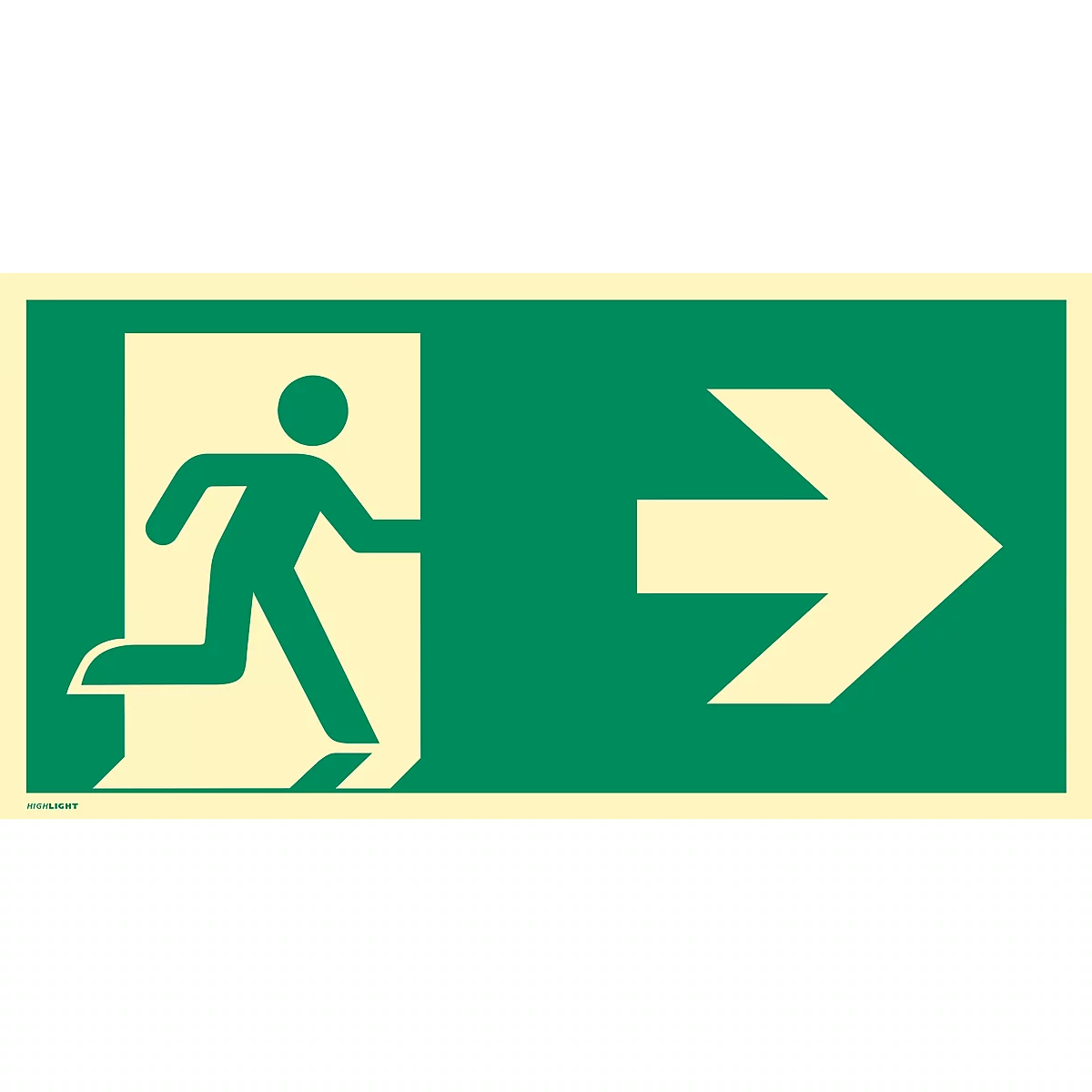 moedel Fluchtwegzeichen „Notausgang rechts Pfeil rechts“, nach ISO 7010 E002, Folie selbstklebend, langnachleuchtend, B 400 x H 200 mm