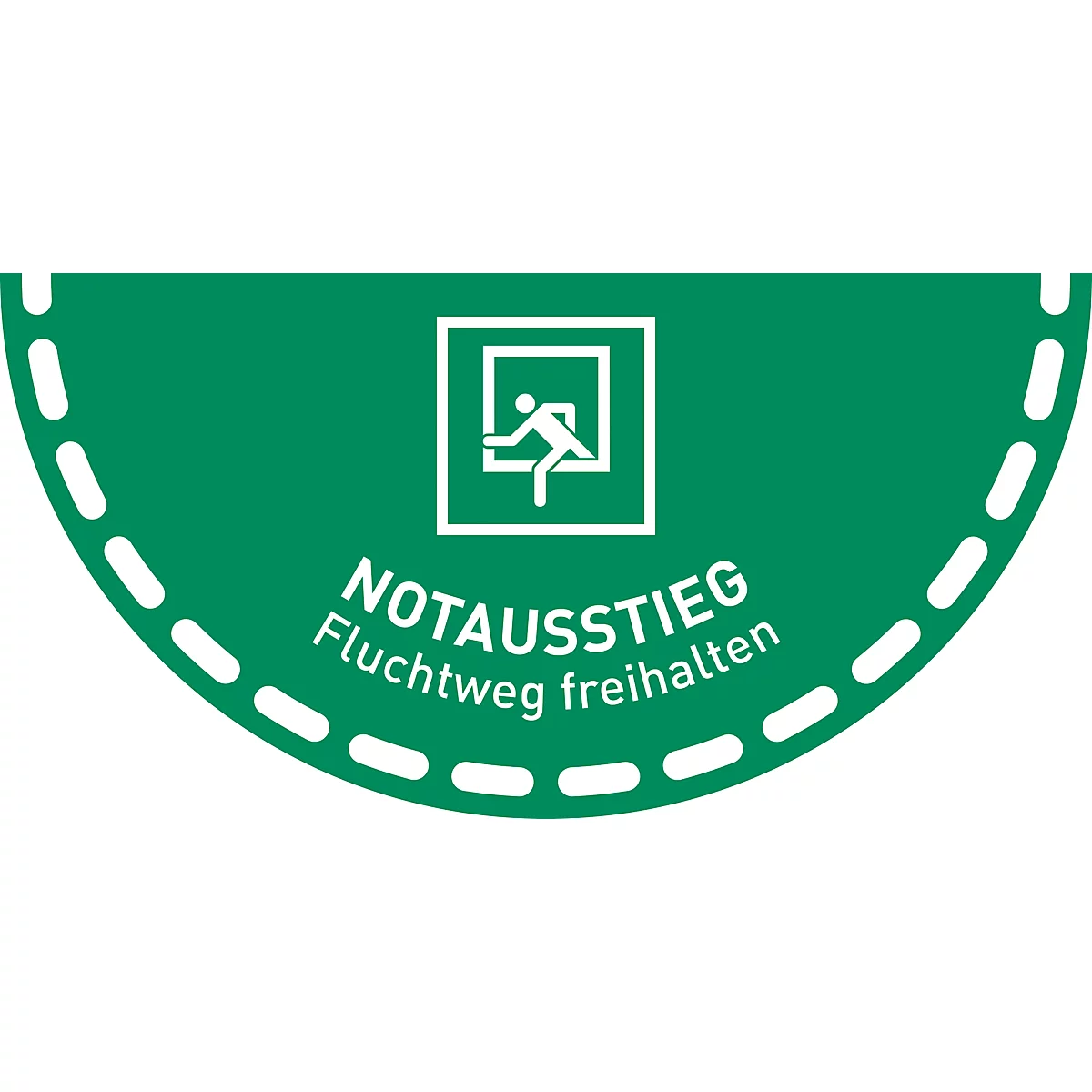 moedel Fußbodenaufkleber „Notausstieg – Fluchtweg freihalten“, nach DIN 4844-2 D-E019, PVC-Folie, rutschhemmend, Halbkreis B 900 x H 450 mm