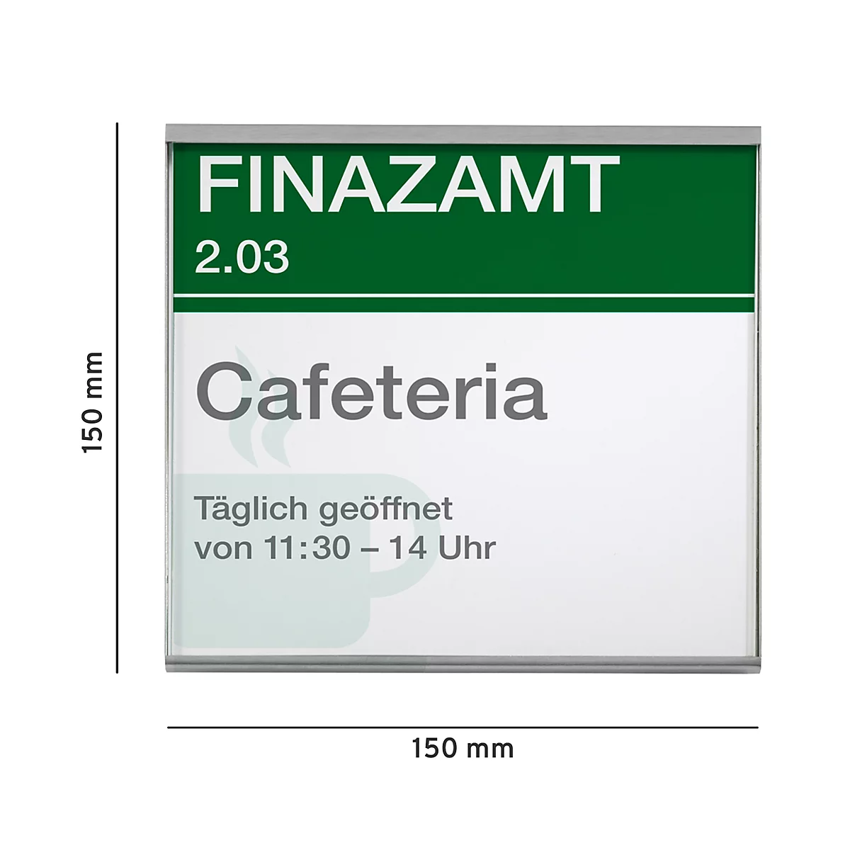 Bord met de tekst "FINAZAMT 2.03 Cafetaria. Dagelijks geopend van 11:30 - 14 uur."
