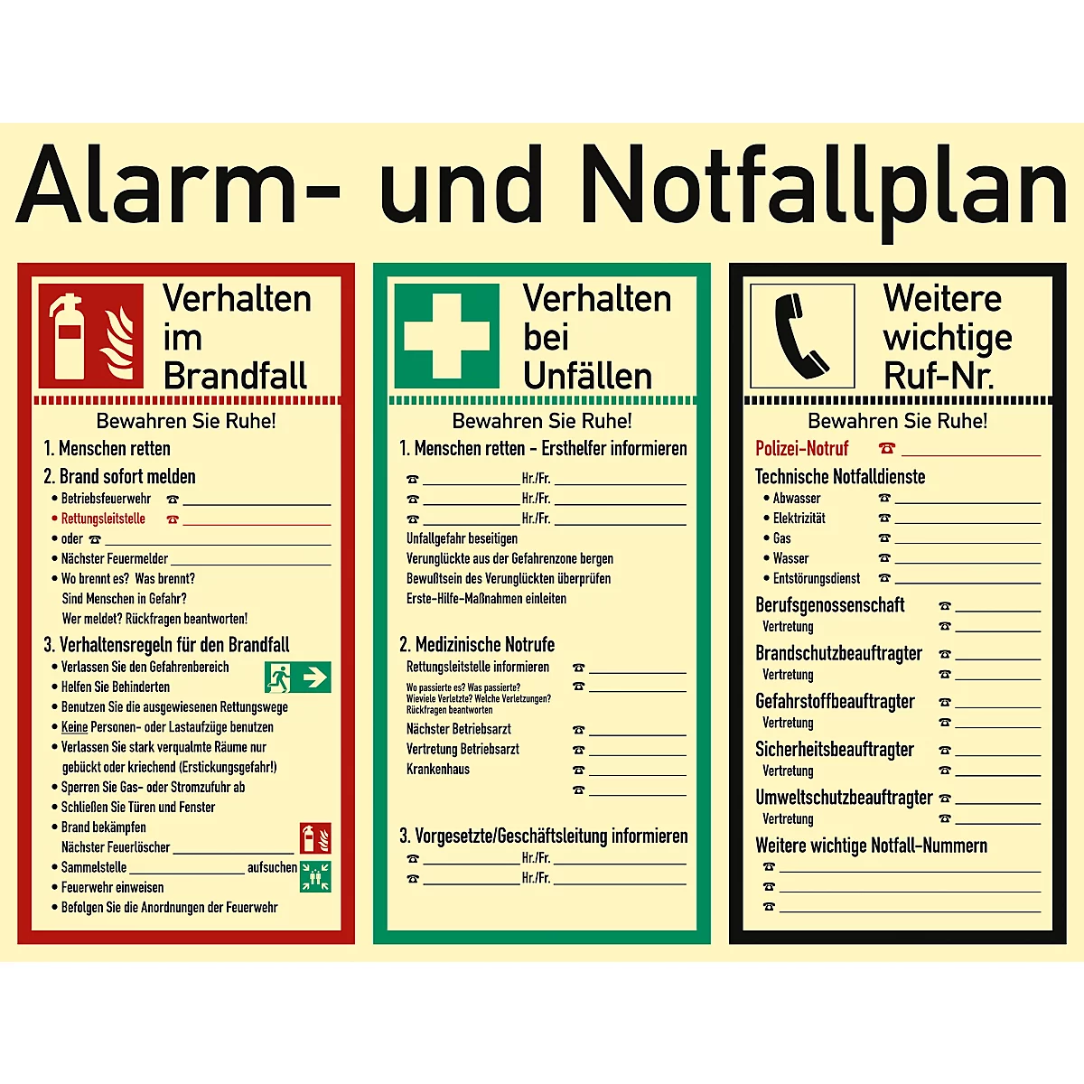 moedel Hinweisschild „Alarm- und Notfallplan“, 3-spaltig, EN ISO 7010, Leuchtklasse C, 160 mcd/m², L 480 x B 620 mm, Kunststoff, mehrfarbig