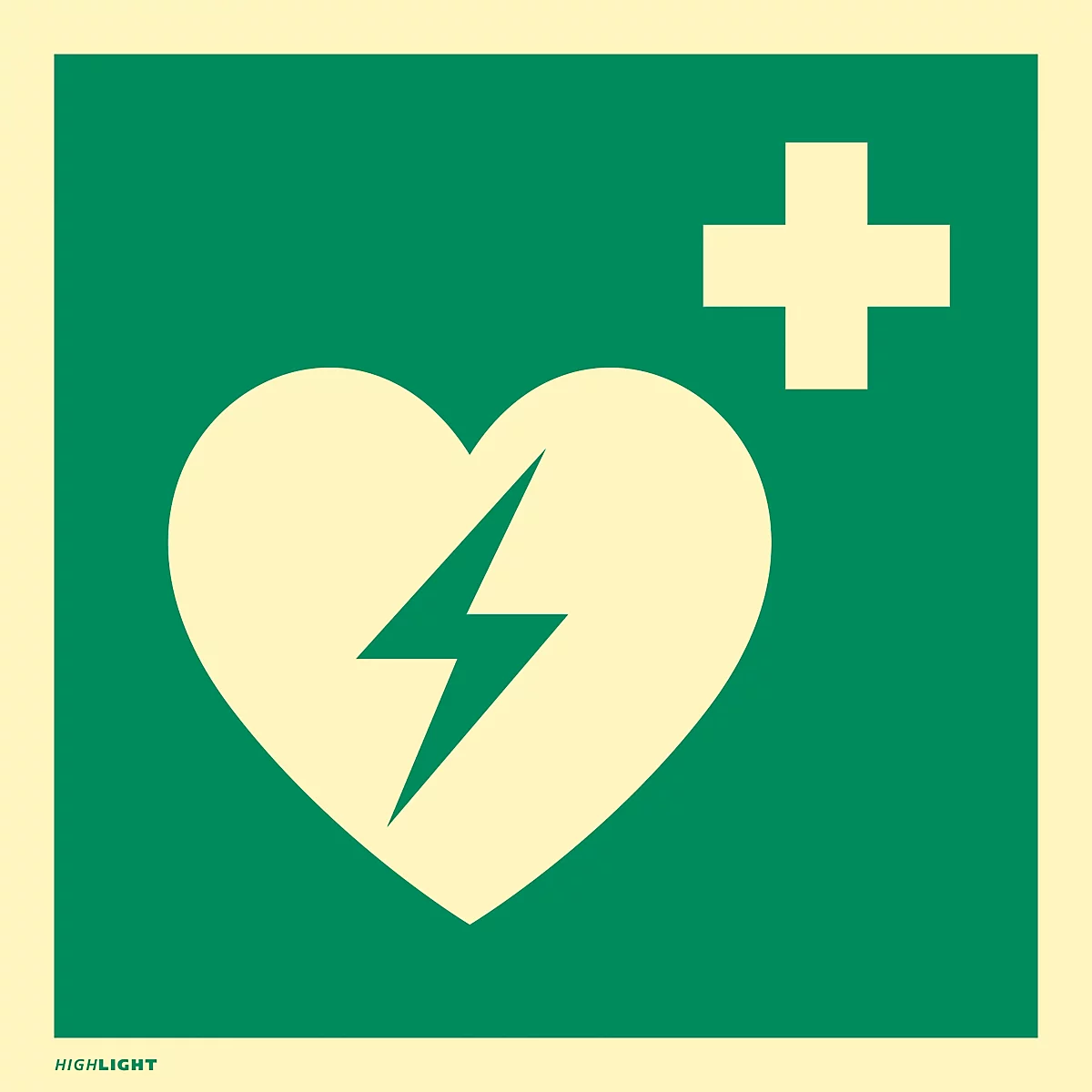 moedel Hinweisschild „Automatischer externer Defibrillator AED“, EN ISO 7010, Leuchtklasse C, 160 mcd/m², bis 14,8 m, L 148 x B 148 mm, Folie, grün