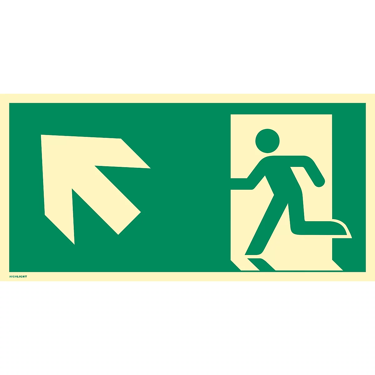 moedel Hinweisschild „Notausgang links schräg oben“, EN ISO 7010, Leuchtklasse C, 160 mcd/m², bis 14,8 m, selbstklebend, L 148 x B 297 mm, Folie, grün
