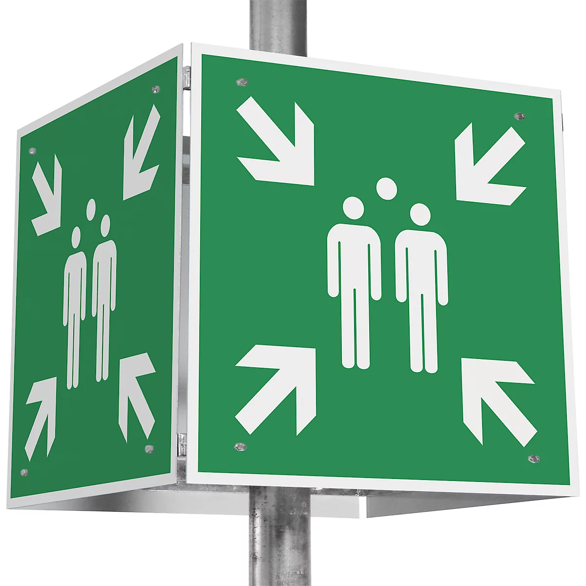 moedel Kit de panneaux de signalisation "Point de collecte", forme de cube, pour poteaux jusqu'à Ø 90 mm, jusqu'à 60 m, matériel de montage inclus, L 400 x l 400 mm, aluminium, vert