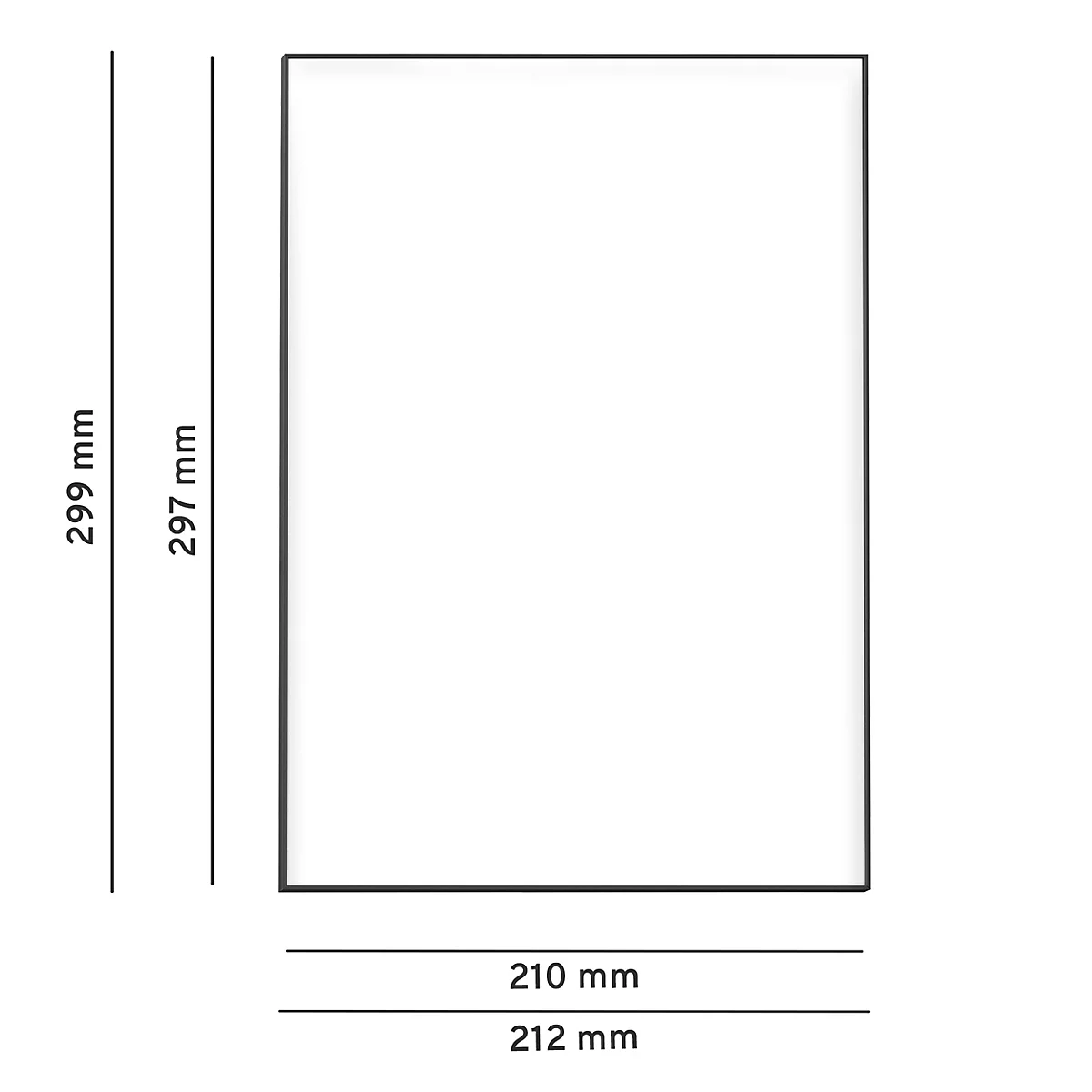 Rechteckiger schwarzer Rahmen mit weissen Innenraum. Abmessungen: 299 mm x 212 mm. Aufschrift: 210 mm, 297 mm.