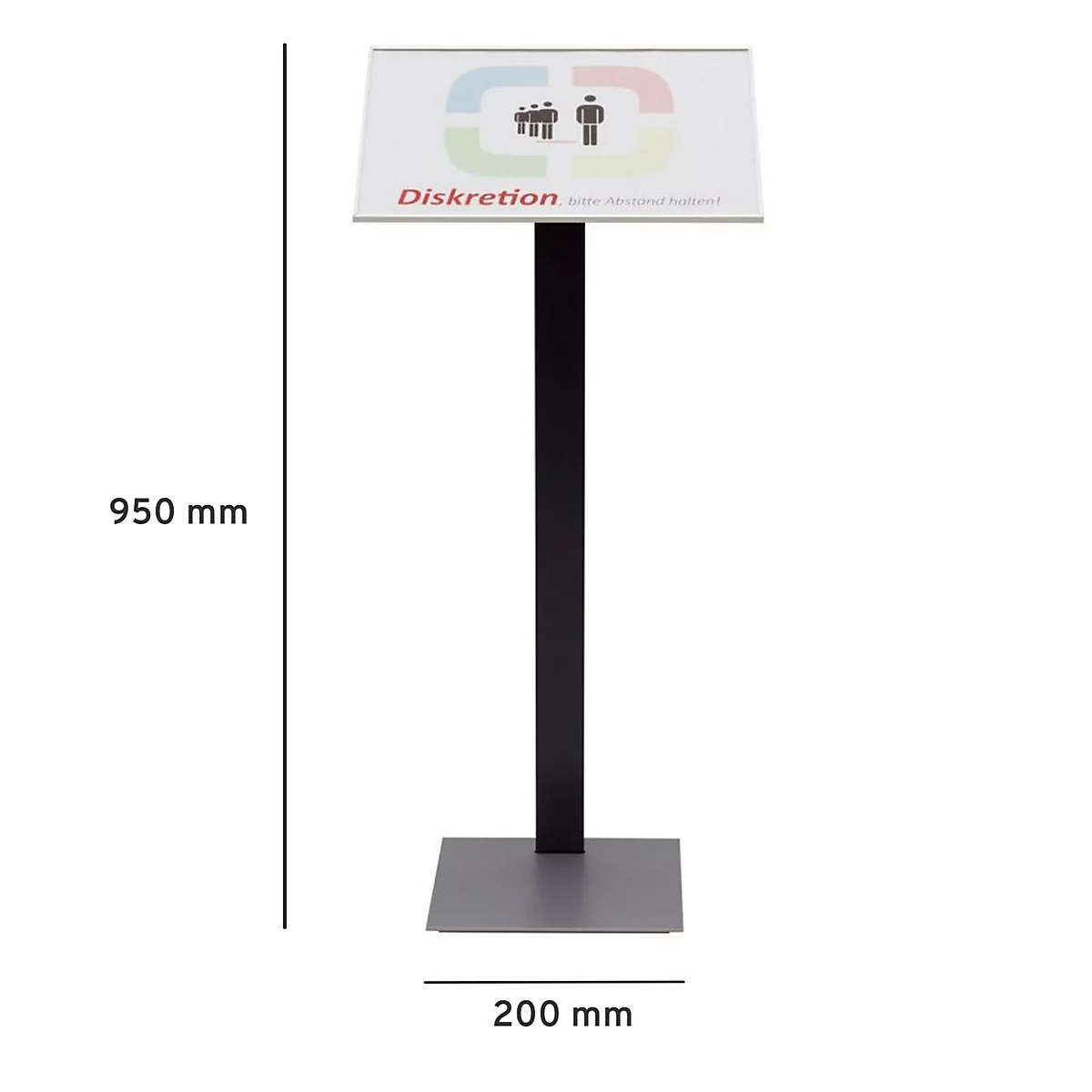 Présentoir d'information avec panneau blanc, cadre noir et base carrée. Le panneau indique discrétion et pictogrammes.