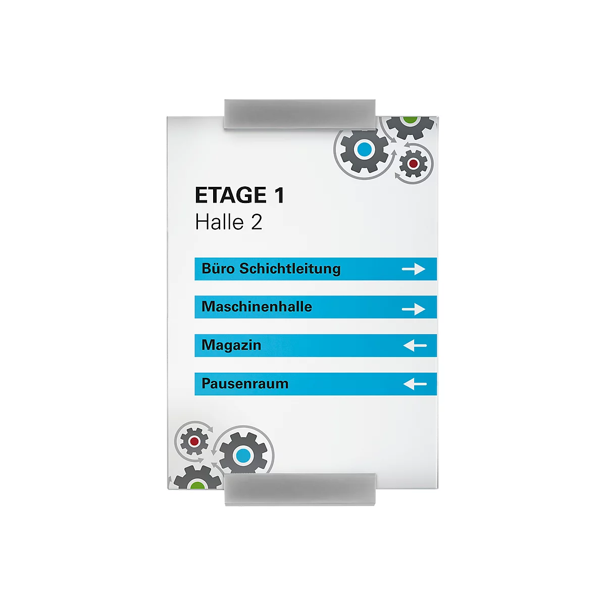 moedel MONACO Wegweiser, DIN A4, ESG-Glasscheiben, Aluminiumadapter, individuell beschriftbar, Schraub-/Klebemontage, B 210 x H 297 mm, alusilber