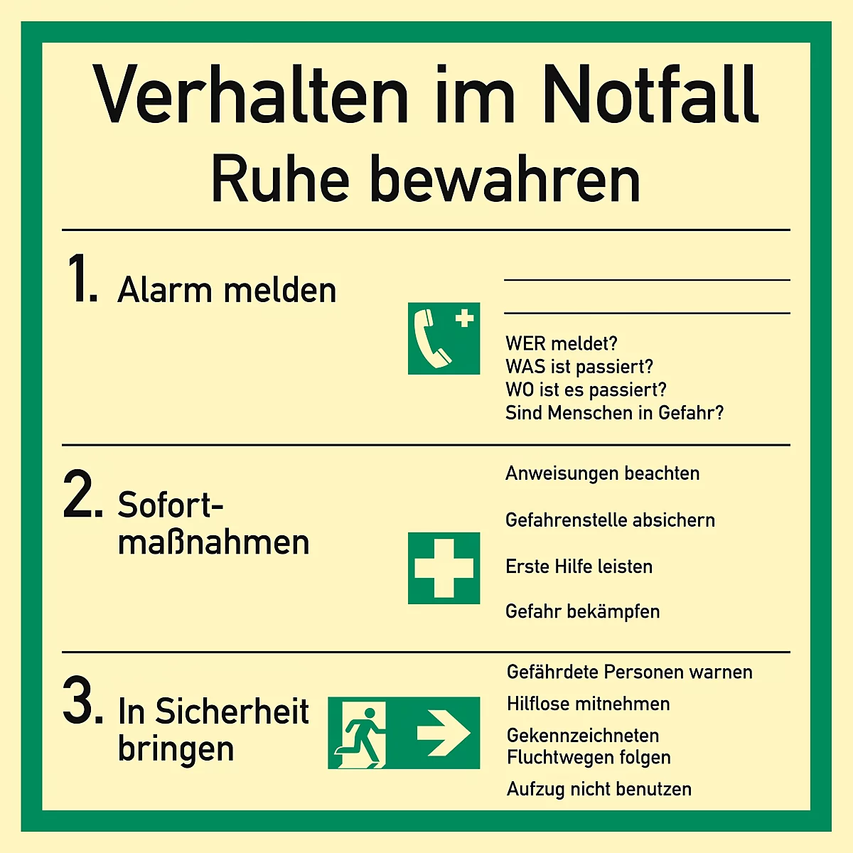 moedel Notfall- und Rettungsschild 'Verhalten im Notfall', nach DIN EN ISO 7010, Kunststoff, langnachleuchtend, B 180 x H 180 mm