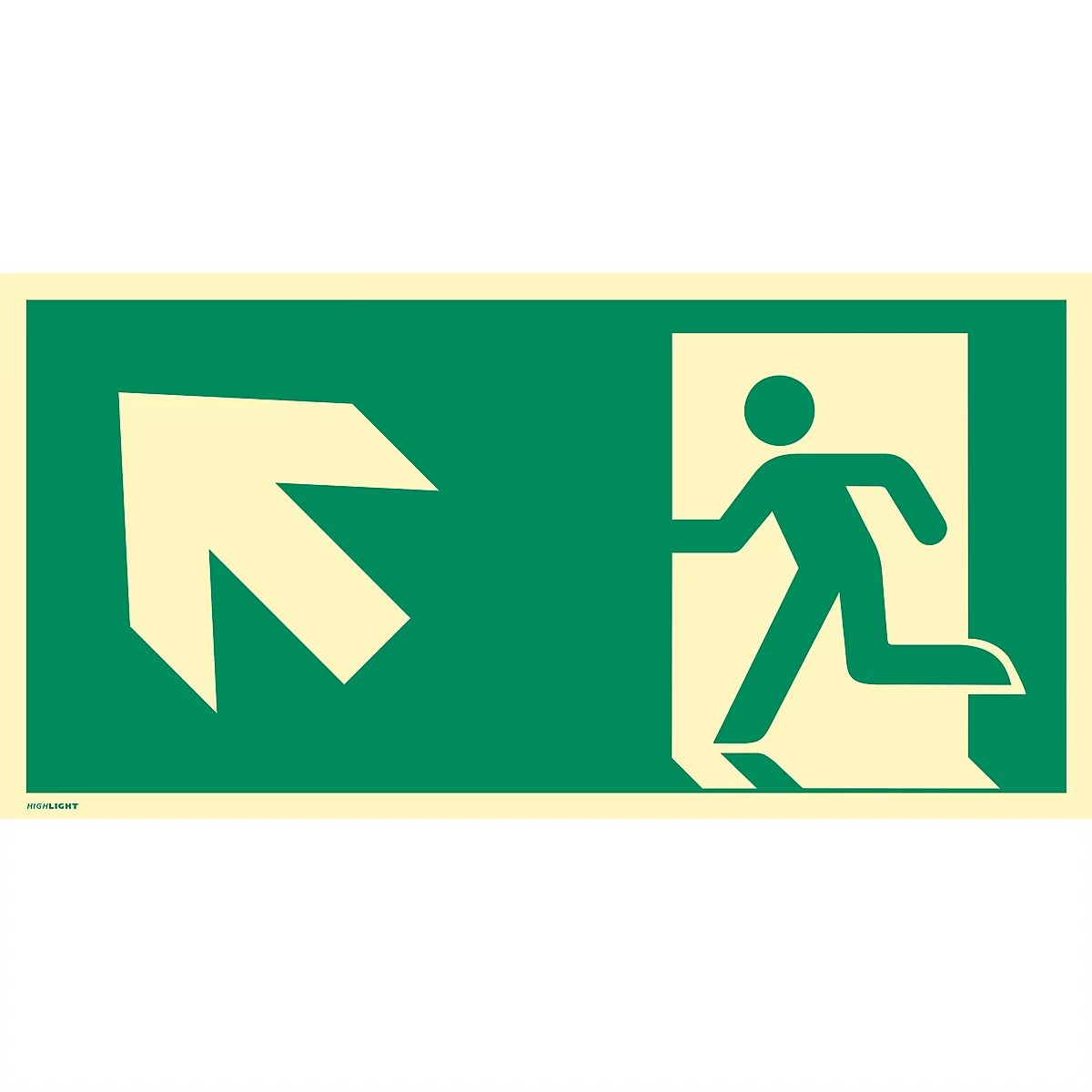 moedel Panneau de signalisation "Sortie de secours gauche oblique en haut", EN ISO 7010, classe d'éclairage C, 160 mcd/m², jusqu'à 29,7 m, L 297 x l 594 mm, aluminium, vert