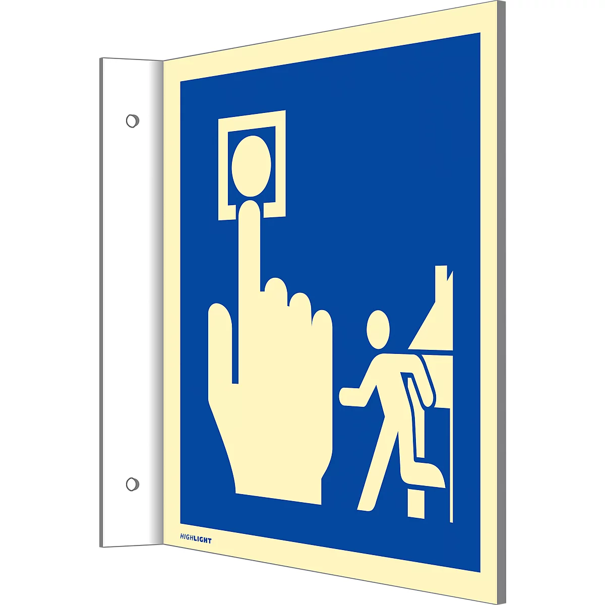 moedel Panneau drapeau "Hausalarm/Brandmelder/Evakuierung", classe d'éclairage C, 160 mcd/m², jusqu'à 14,8 m, L 148 x l 148 mm, aluminium, bleu-blanc