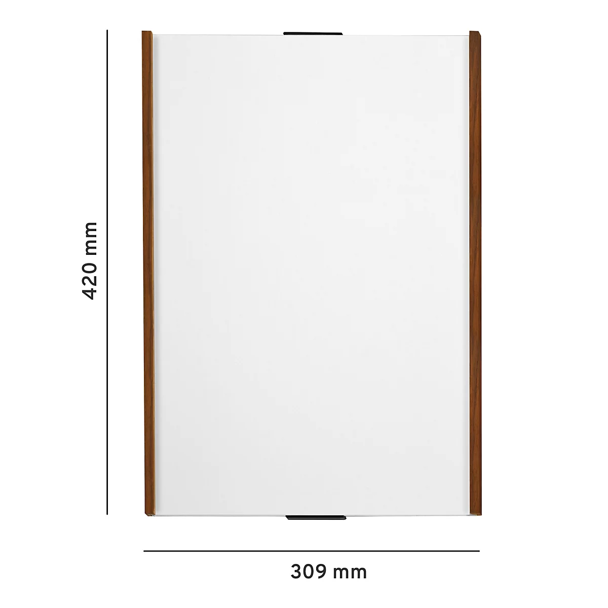 Miroir rectangulaire avec cadre en bois. Dimensions : 420mm x 309mm. Détails noirs en haut et en bas.