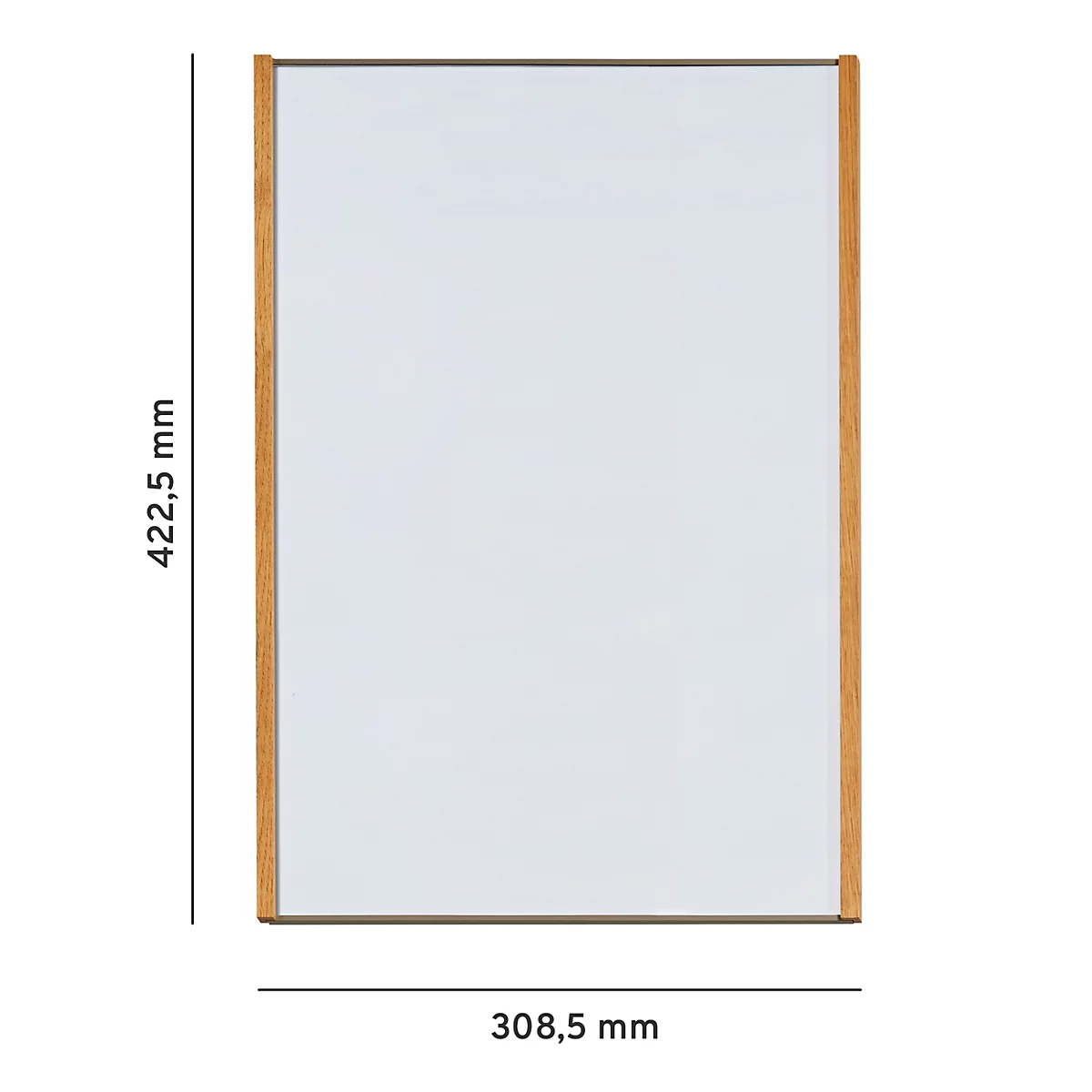 Un cadre rectangulaire en bois clair avec un champ intérieur blanc. Dimensions : 422,5 x 308,5 mm.