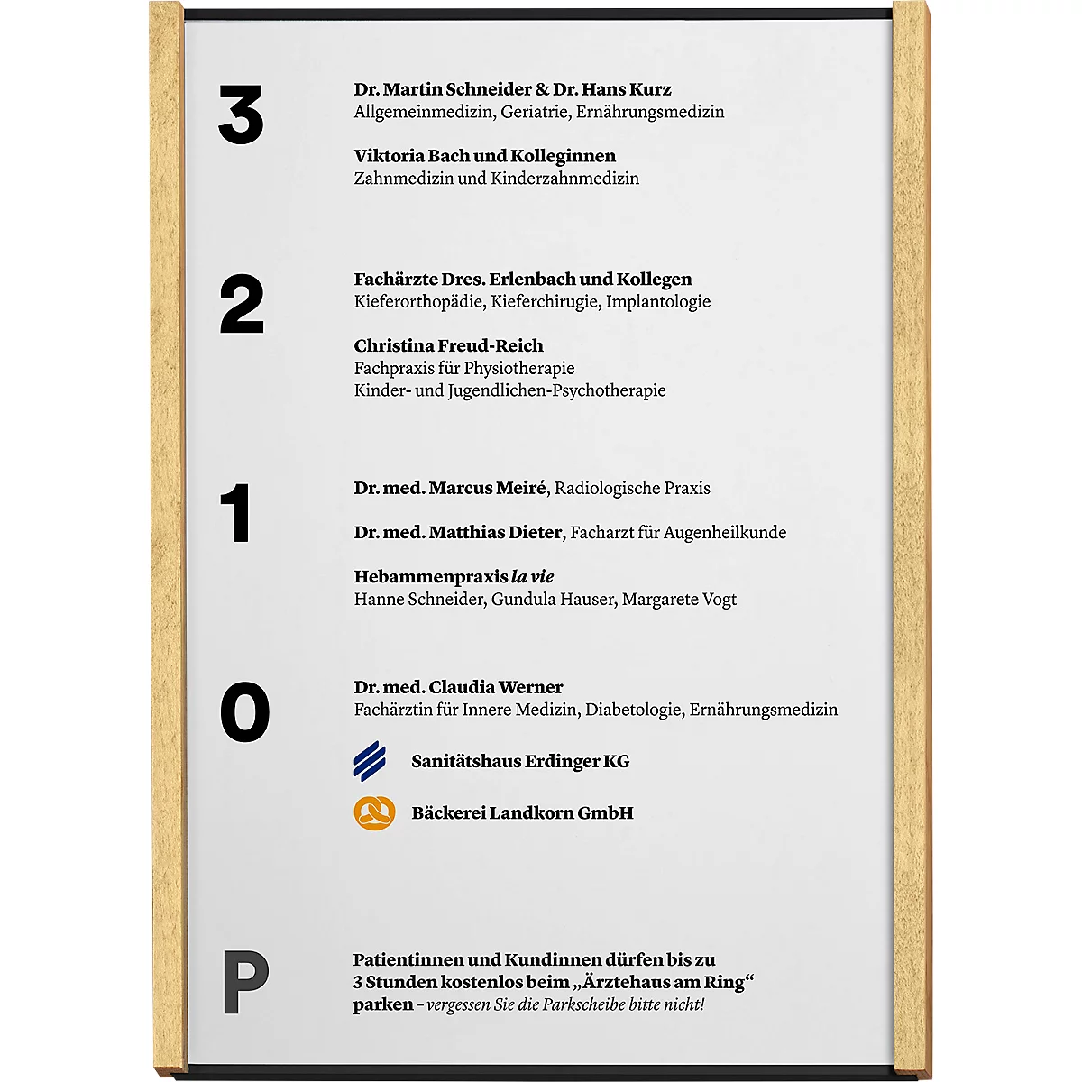 Une liste de cabinets dans un bâtiment. Sont répertoriés les noms, les spécialités et les logos. Une note informe sur le stationnement gratuit.