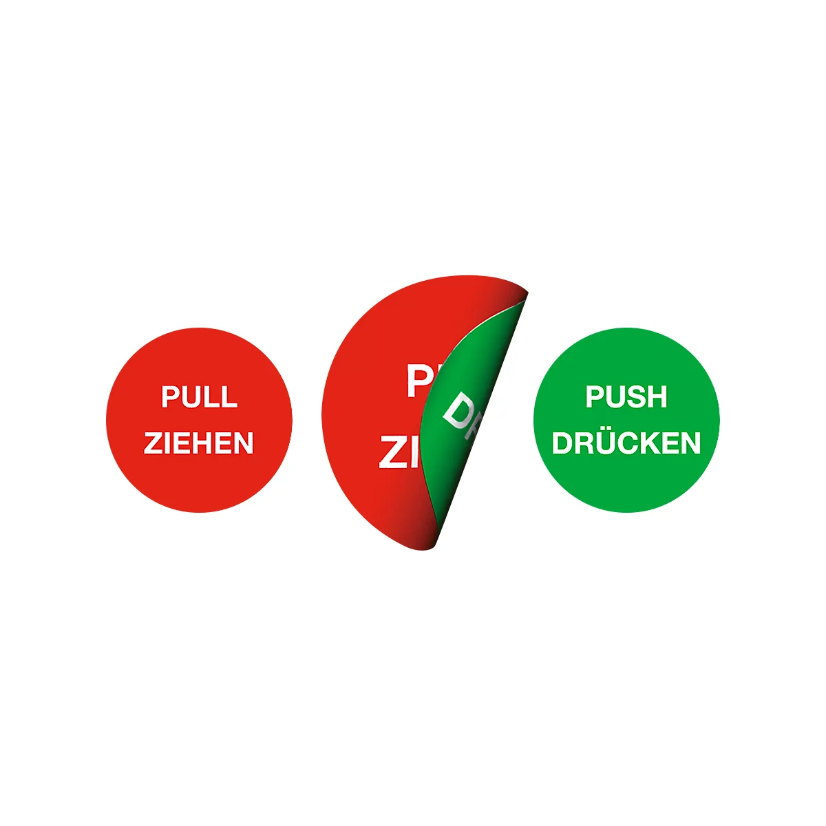 moedel Piktogramm-Aufkleber „Pull Ziehen/Push Drücken“, doppelseitig bedruckt, selbstklebend, Ø 100 mm, Folie, rot-grün