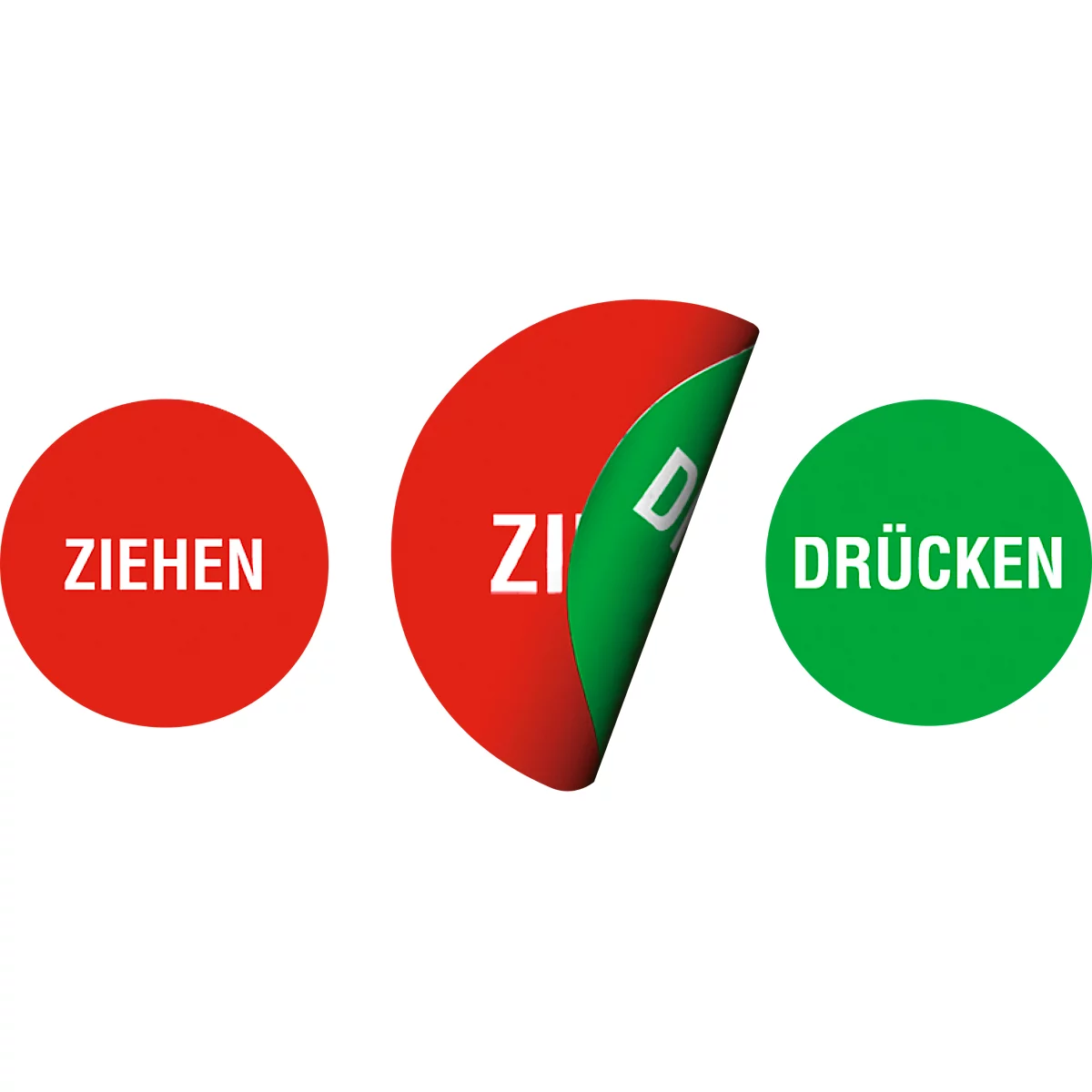 moedel Piktogramm-Aufkleber „Ziehen/Drücken“, doppelseitig bedruckt, selbstklebend, Ø 100 mm, Folie, rot-grün