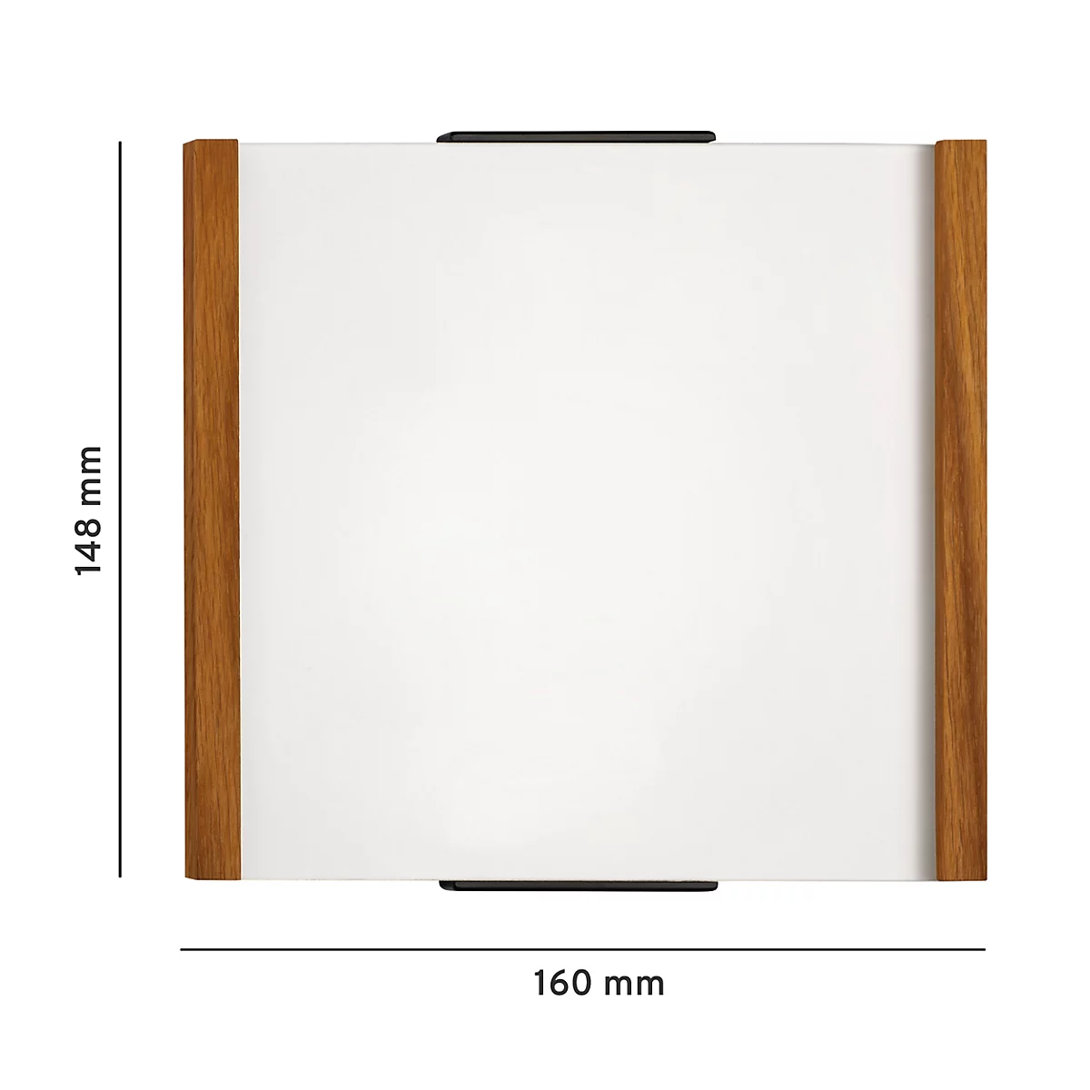 Miroir rectangulaire blanc avec cadre en bois. Supports noirs en haut et en bas. Dimensions : 148 mm x 160 mm.
