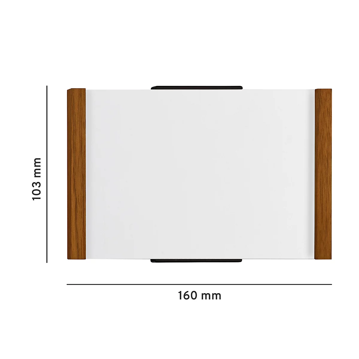 Vue de dessus d'un produit rectangulaire, avec cadre en bois et surface blanche. Dimensions : 160 x 103 mm.