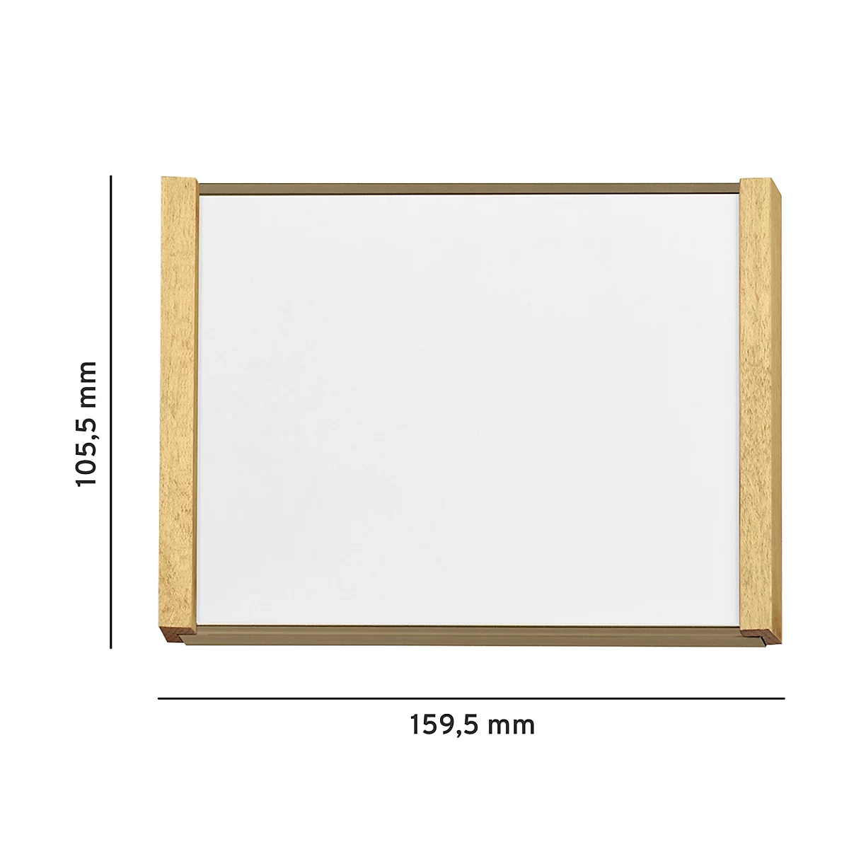 Tableau blanc rectangulaire avec cadre en bois et dimensions : 159,5 mm de large et 105,5 mm de haut.