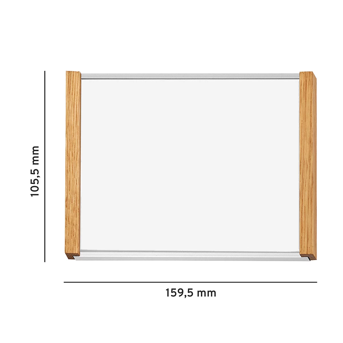 Cadre rectangulaire avec surface en verre clair, bois sur les côtés, dimensions : 159,5 mm x 105,5 mm.