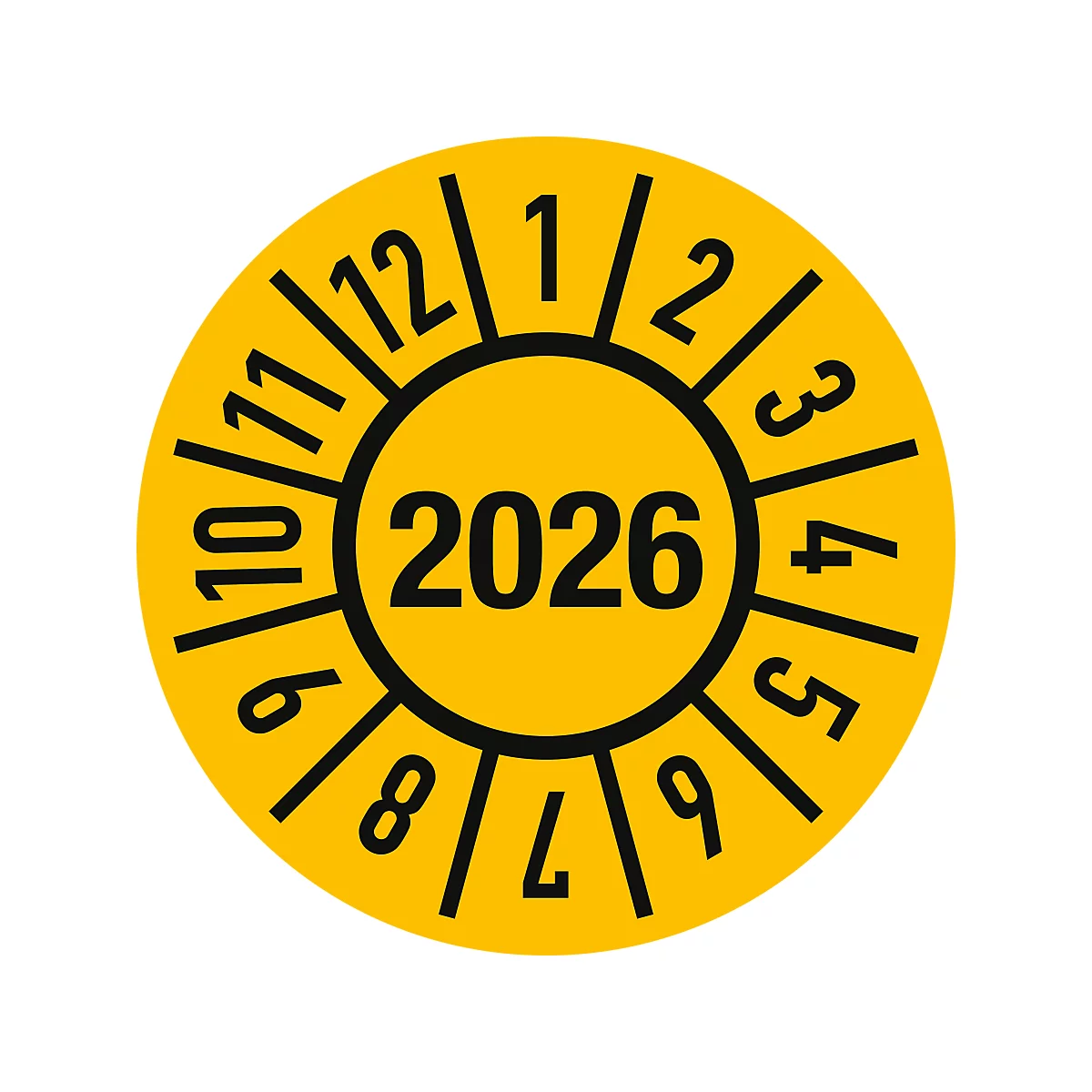 Gelbe runde Plakette mit schwarzer Umrandung und Zahlen: 2026 im Zentrum, Monate aussen.