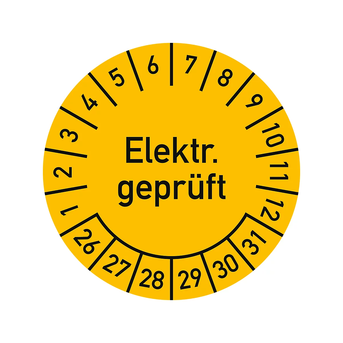 Gelber Aufkleber mit schwarzem Text "Elektr. geprüft". Zahlen markieren Monate von 1 bis 12 und Tage von 26 bis 31.