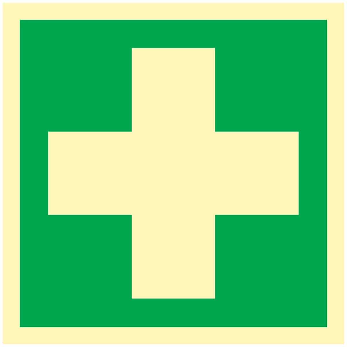 Cuadrado verde con cruz blanca, símbolo de primeros auxilios.