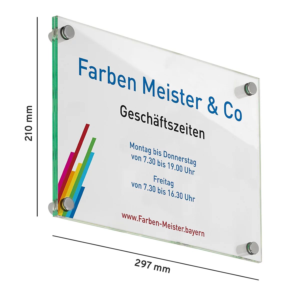 Rechteckige Glasplatte mit Aufdruck. Oben blau: Farben Meister & Co, darunter Geschäftszeiten, Öffnungszeiten, Webseite. Eckige Metallhalterungen.