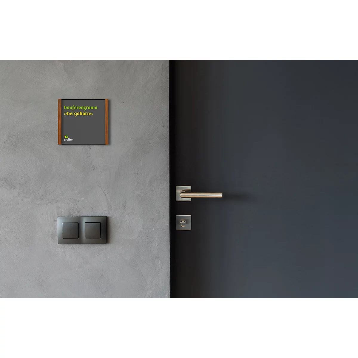 moedel Türschild LMH, Aluminium- und Holzrahmen, Holzart wählbar, Polyester-Abdeckung, Klebemontage, B 159,5 x H 150,5 mm, schwarz/Nussbaum