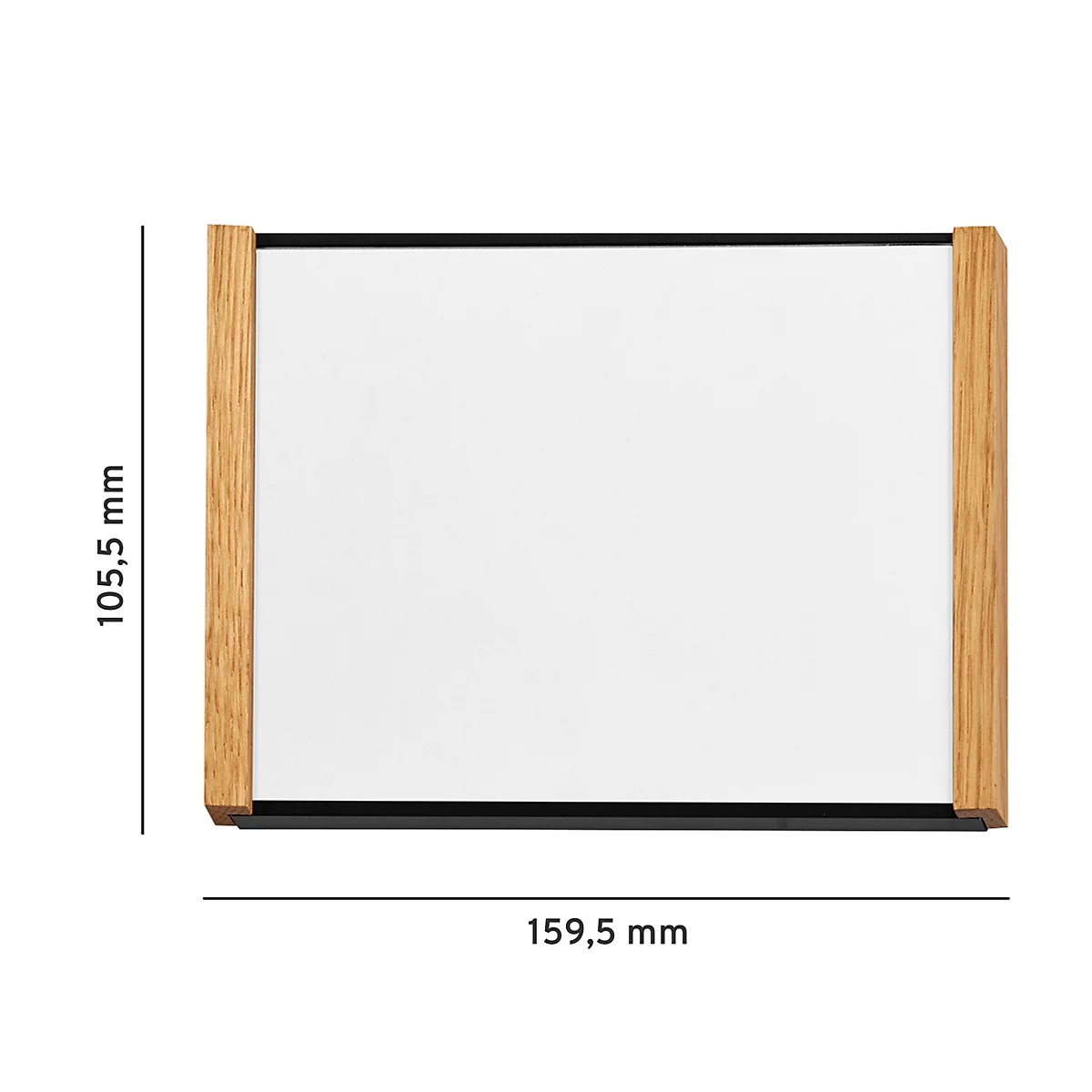 Rechteckiger Bilderrahmen mit Holzleisten und weisser Fläche. Aufschrift: 105,5 mm und 159,5 mm.