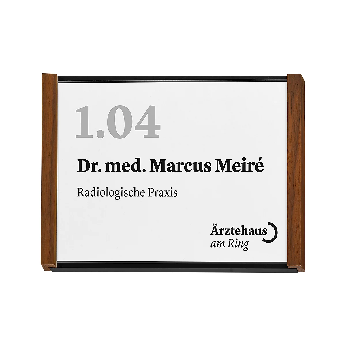 moedel Türschild LMH, DIN A6, individuell beschriftbar, Polyester-Abdeckung, Klebemontage, B 159,5 x H 105,5 mm, Aluminium, schwarz/Nussbaum