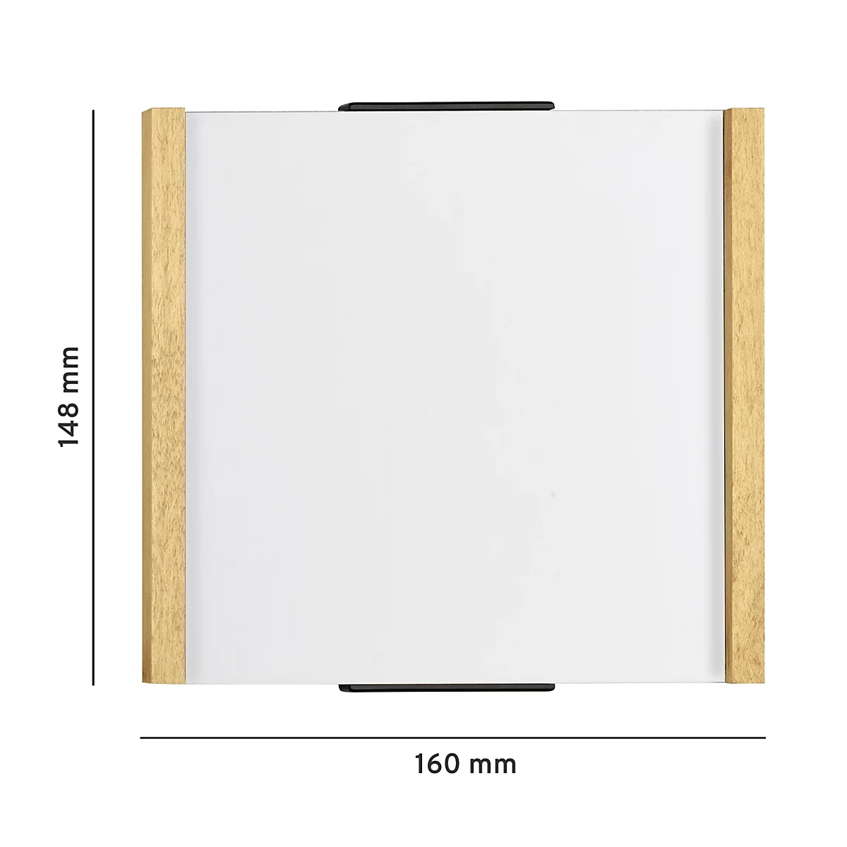 Rechteckiger Spiegel mit Holzrahmen. Masse: 148 x 160 mm. Schwarze Halterungen oben und unten.