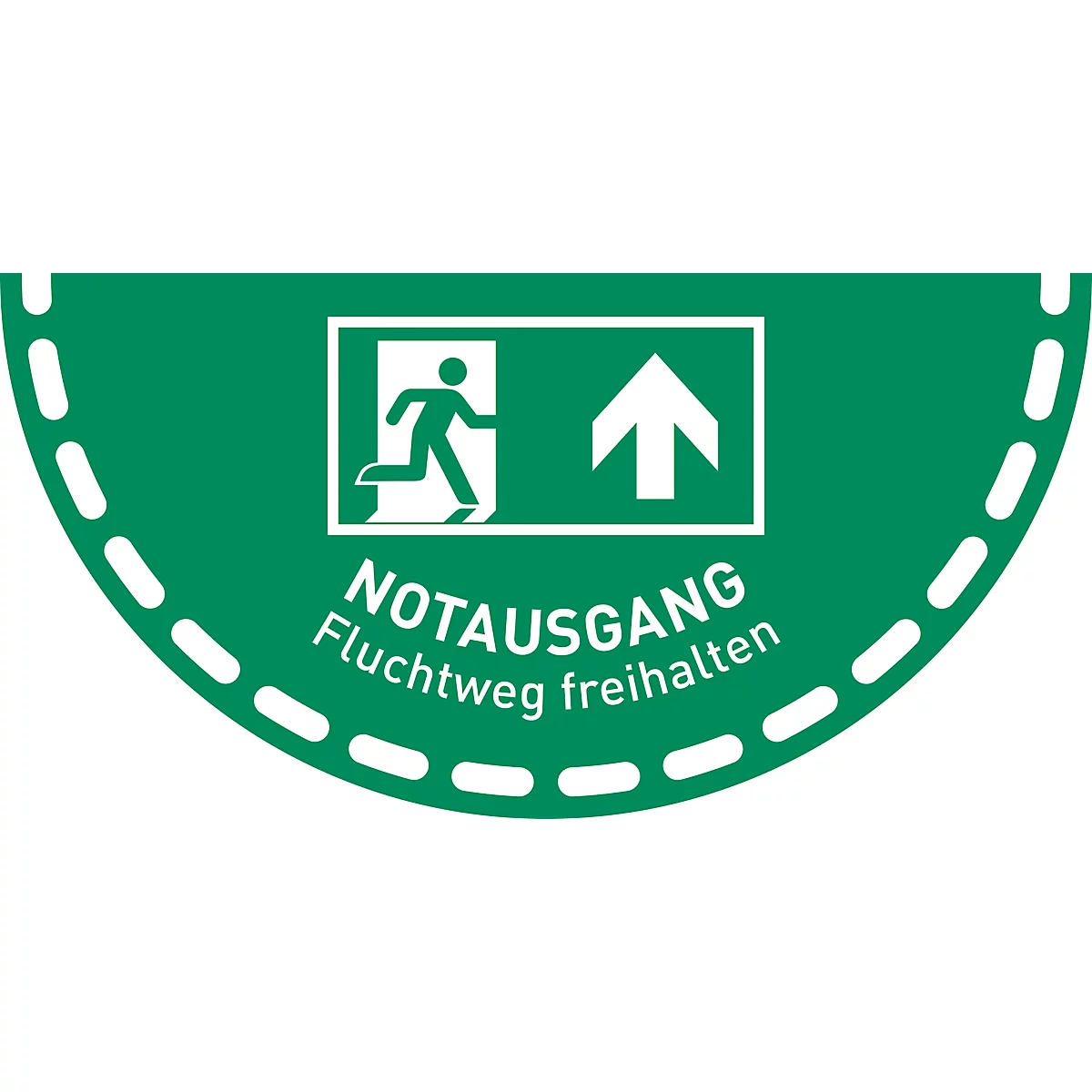 Groen nooduitgangsbord met wit pictogram: persoon rent door deur, pijl omhoog. Tekst: NOODUITGANG, houd vluchtweg vrij.