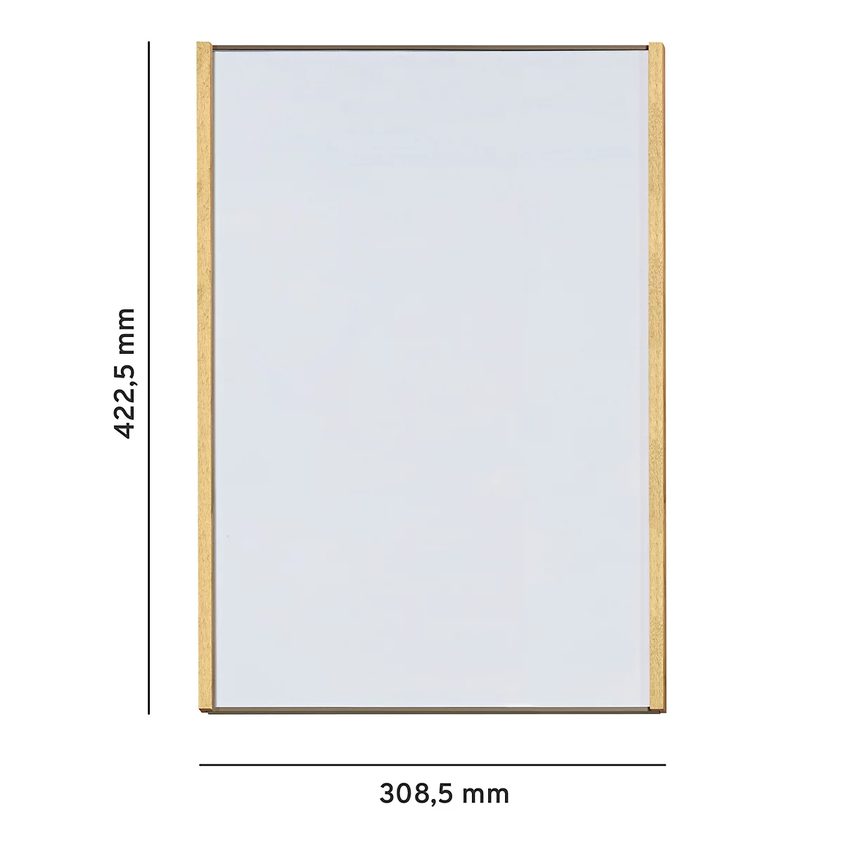 Een rechthoekige spiegel met houten frame. Afmetingen: 422,5 mm x 308,5 mm.