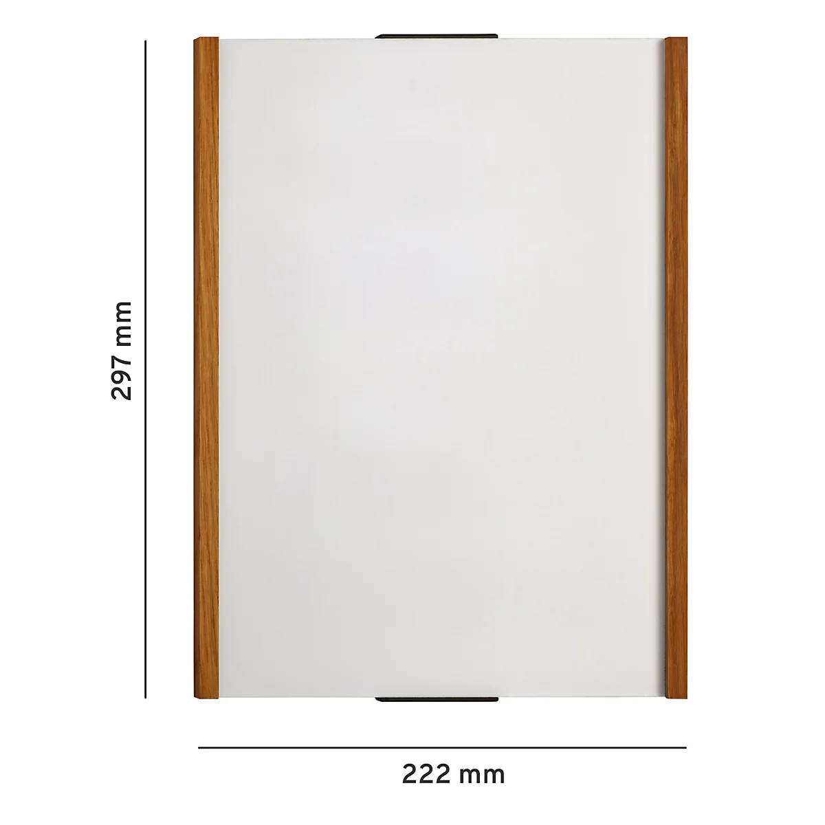 Rechthoekige spiegel met een houten frame. Afmetingen: 297 x 222 mm. Zwarte beugels aan de boven- en onderkant.