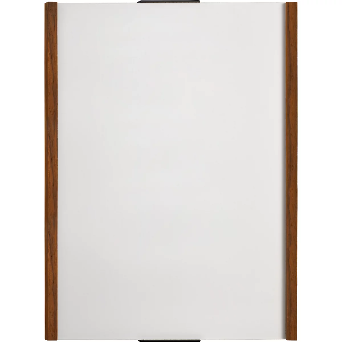 moedel wandbord LMH, DIN A4, staand formaat, houten frame met afdekkappen, zelfklevende of schroefbevestiging, B 222 x H 297 mm, zilver/walnoot
