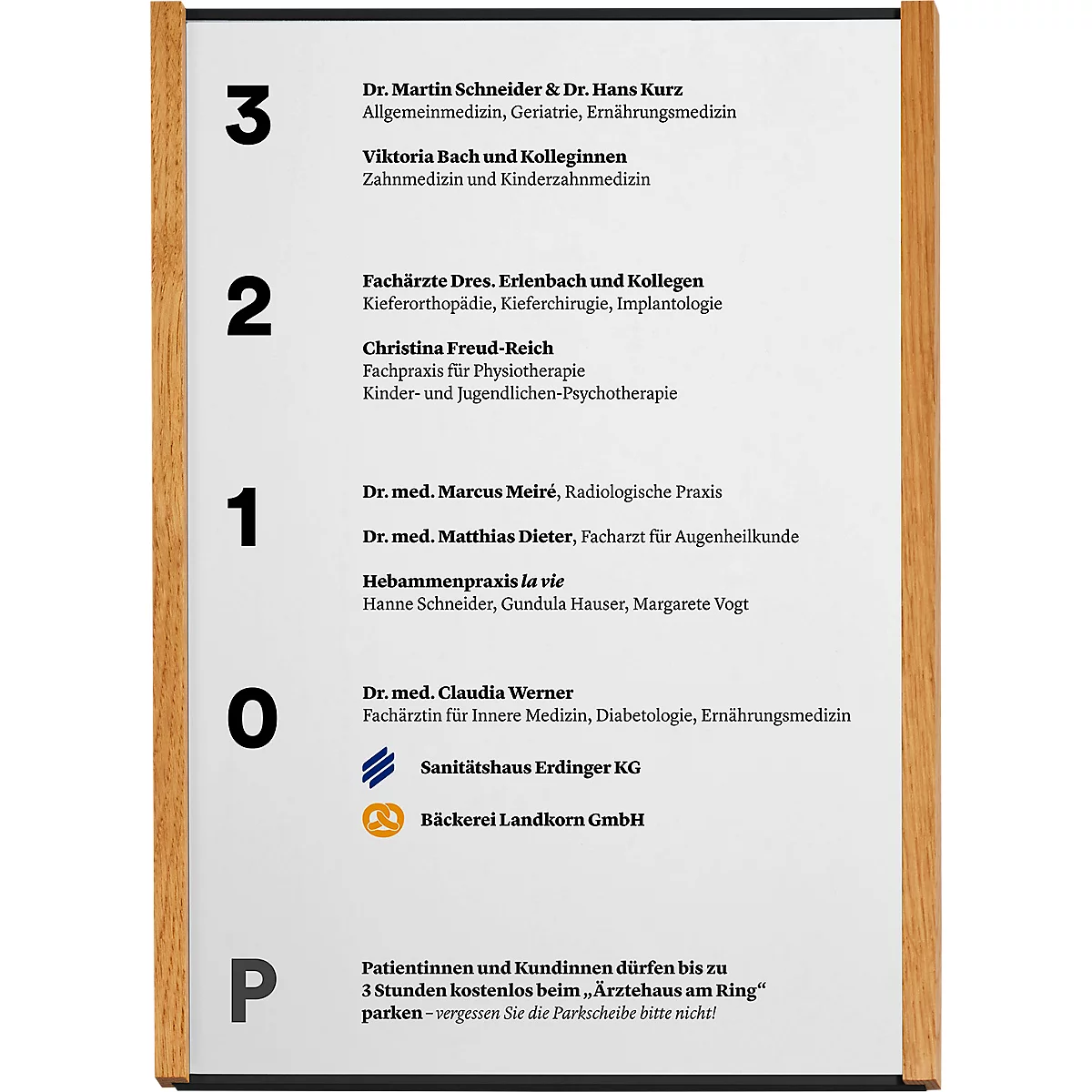Bord met alfabetisch geordende medische praktijken, een medische hulpmiddelenwinkel en een bakkerij. Bruin houten frame.