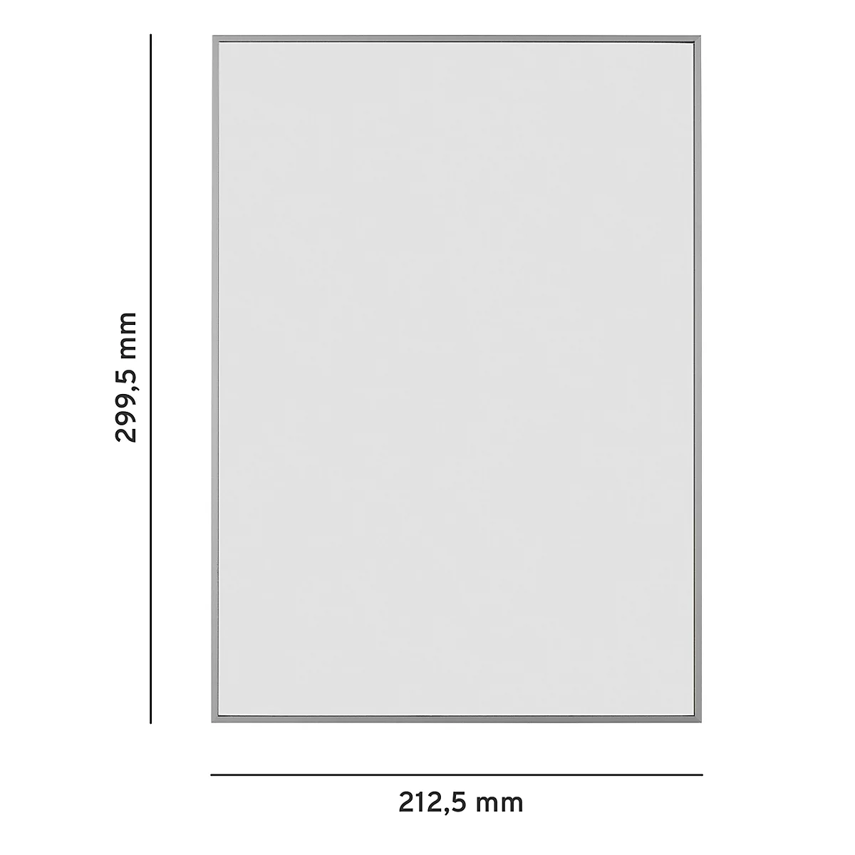 Rechthoekige fotolijst met wit oppervlak, afmetingen 299,5 mm x 212,5 mm, grijze lijst, afmetingen in mm gespecificeerd.