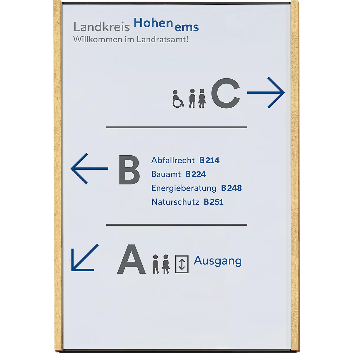 moedel Wandschild LMH, DIN A3, Hochformat, Holz- und Aluminiumrahmen, Klebe- oder Schraubmontage, B 308,5 x H 422,5 mm, schwarz/Ahorn