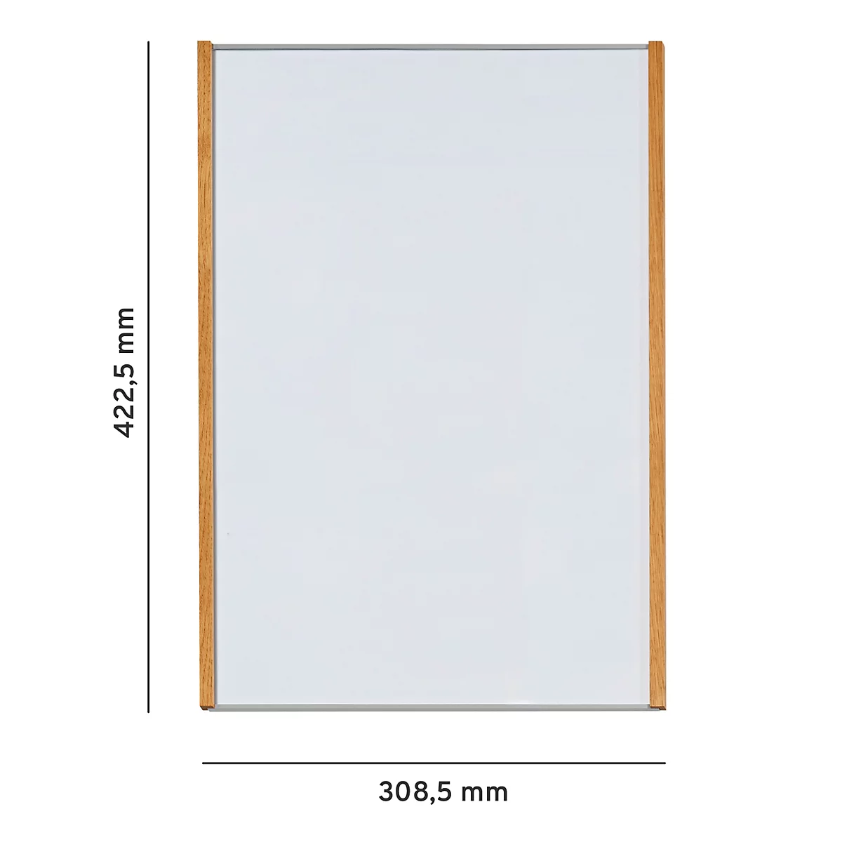 Rechteckiger, weisser Rahmen mit Holzrahmen und Massangaben: 422,5 mm x 308,5 mm.