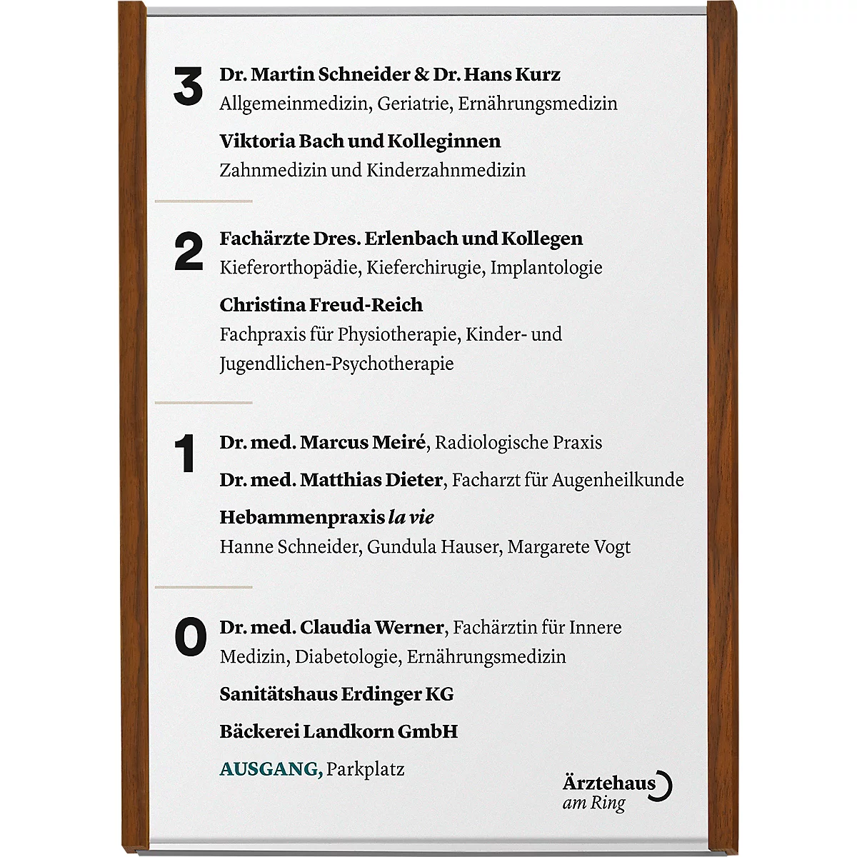 moedel Wandschild LMH, DIN A4, Hochformat, Holzrahmen, Aluminium, Klebe- oder Schraubmontage, B 221,5 x H 299,5 mm, Nussbaum, silber/Nussbaum