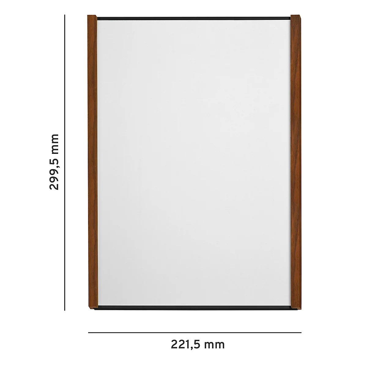 Rechteckiger Spiegel mit Holzrahmen. Die Maße sind 299,5 x 221,5 mm.