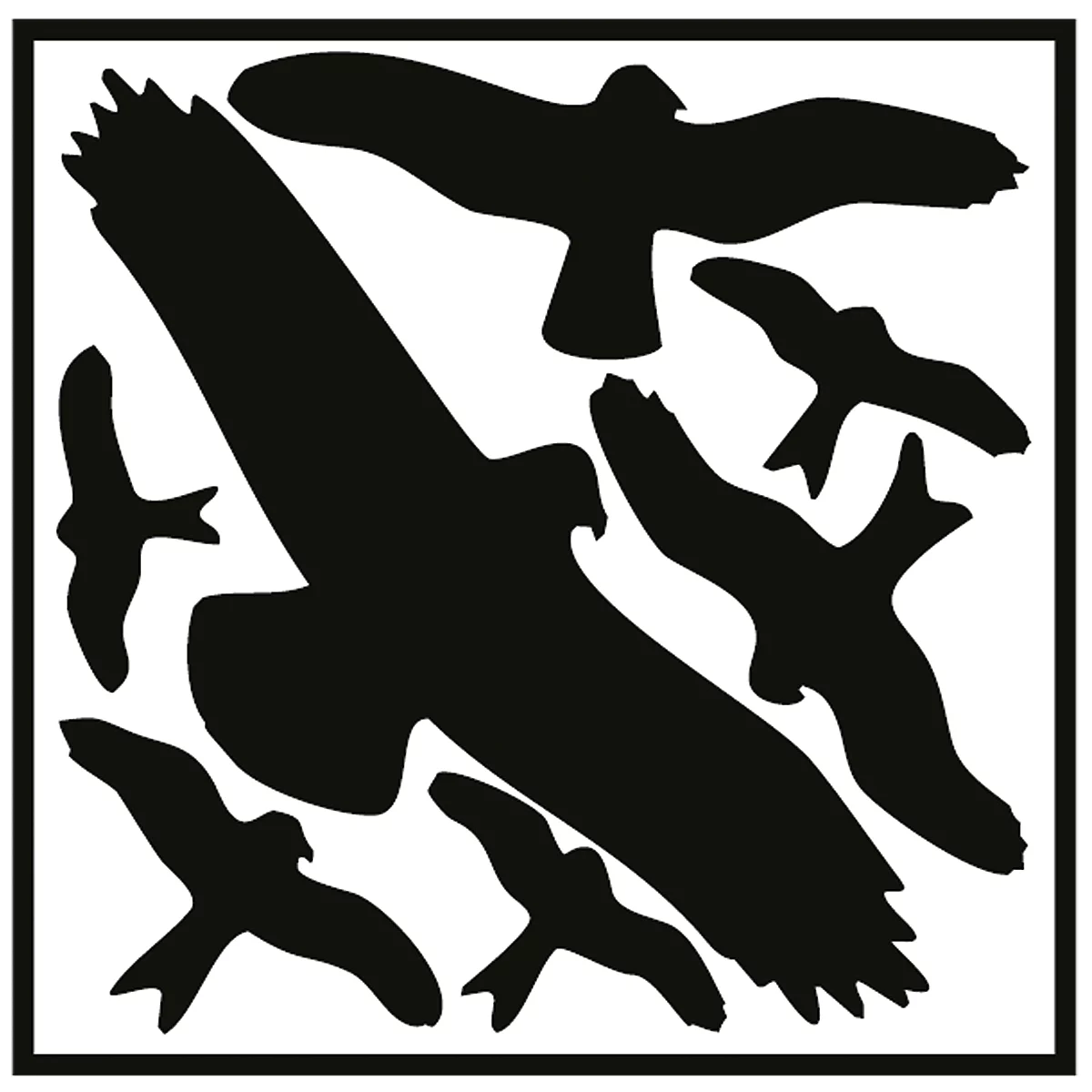 Several black bird silhouettes flying against a square white background. The birds appear to be in different flying positions.