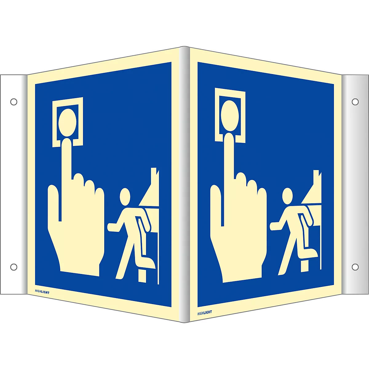 moedel Winkelschild Hausalarm (Brandmelder-Evakuierung), nach ISO 7010 F005, Aluminium, langnachleuchtend, B 200 x H 200 mm