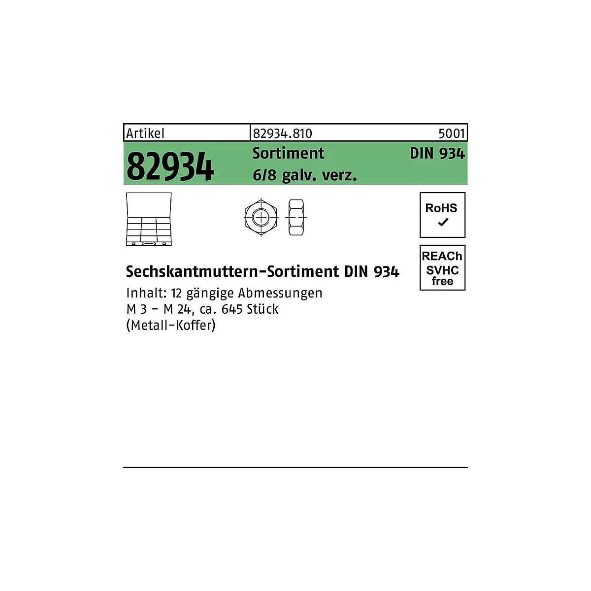 Moerenassortiment DIN 934, 45-delig, verzinkt, zeskantmoeren, REYHER artikel 82934